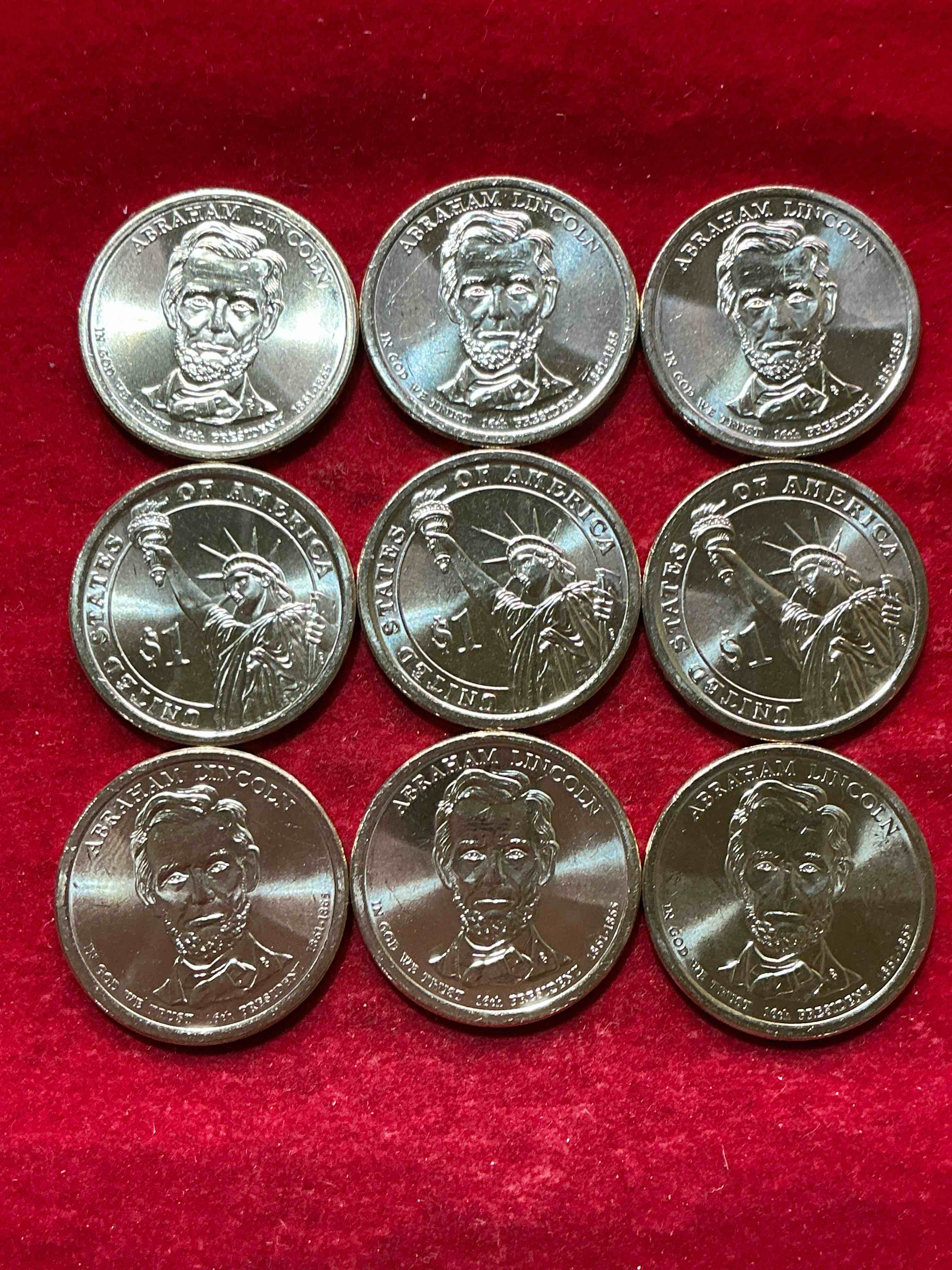 Condition photo showing New/Like New for abraham lincoln 2010 one dollar presidential coins! uncirculated brilliant coins! these coins are in mint condition, and some of the most collectible coins out there! rare, uncirculated, one dollar coins featuring abraham lincoln!