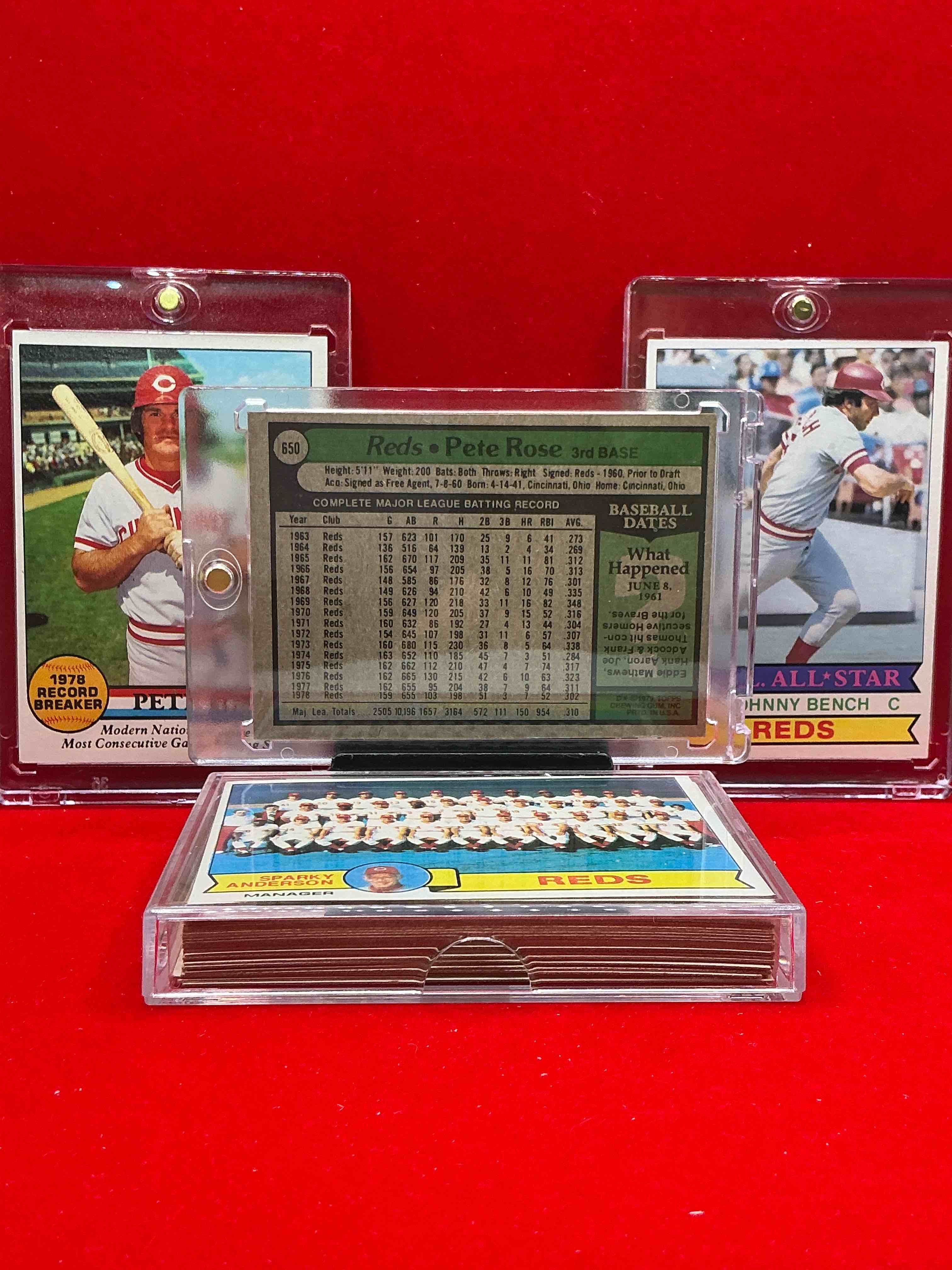 Condition photo showing New/Like New for 70’s cincinnati baseball! 1979 reds team card collection! 28 cards, include pete rose all star & base card, johnny bench & so much more! wow! 