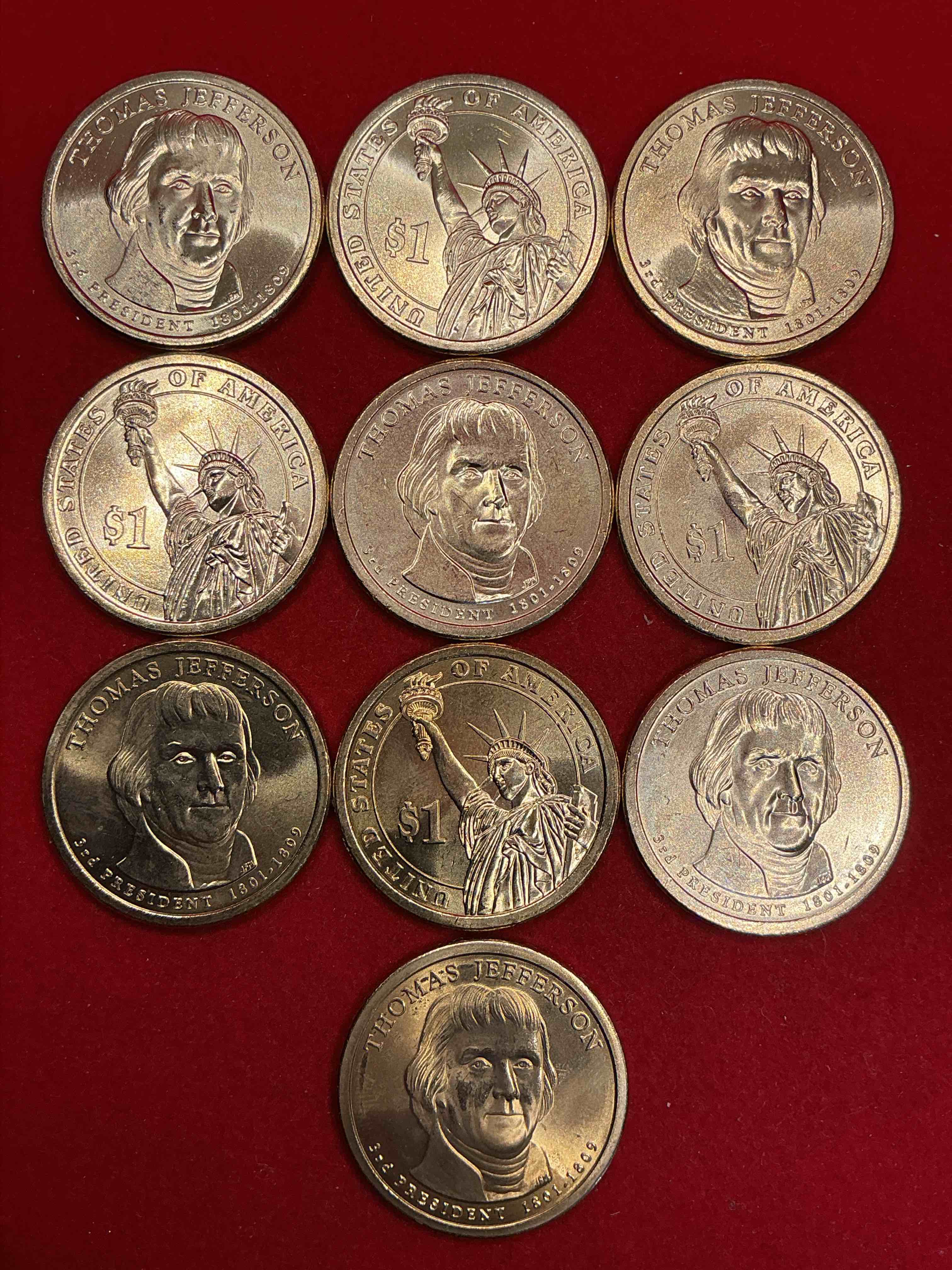 thomas jefferson 2007 one dollar coins! uncirculated coin! these coins are in mint condition, and some of the most collectible coins out there! rare, uncirculated, one dollar coins featuring thomas jefferson!