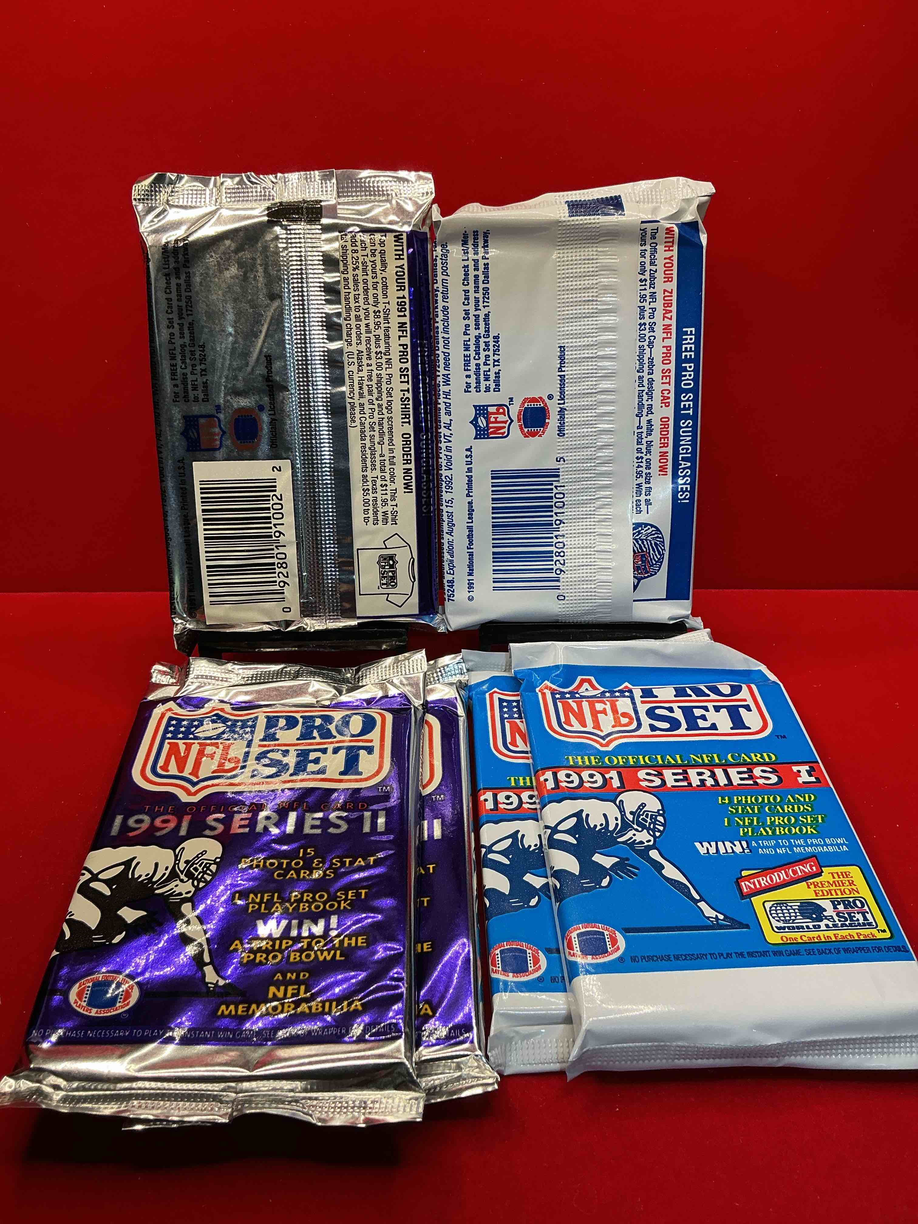 Condition photo showing New/Like New for wow! 1991 pro set football sealed card packs series i & ii, direct from original retail case!highly sought after by collectors as this year is loaded with high profile cards!search for cards from barry sanders, deion sanders, troy aikman, michael irvin & much more! getting hard to find!