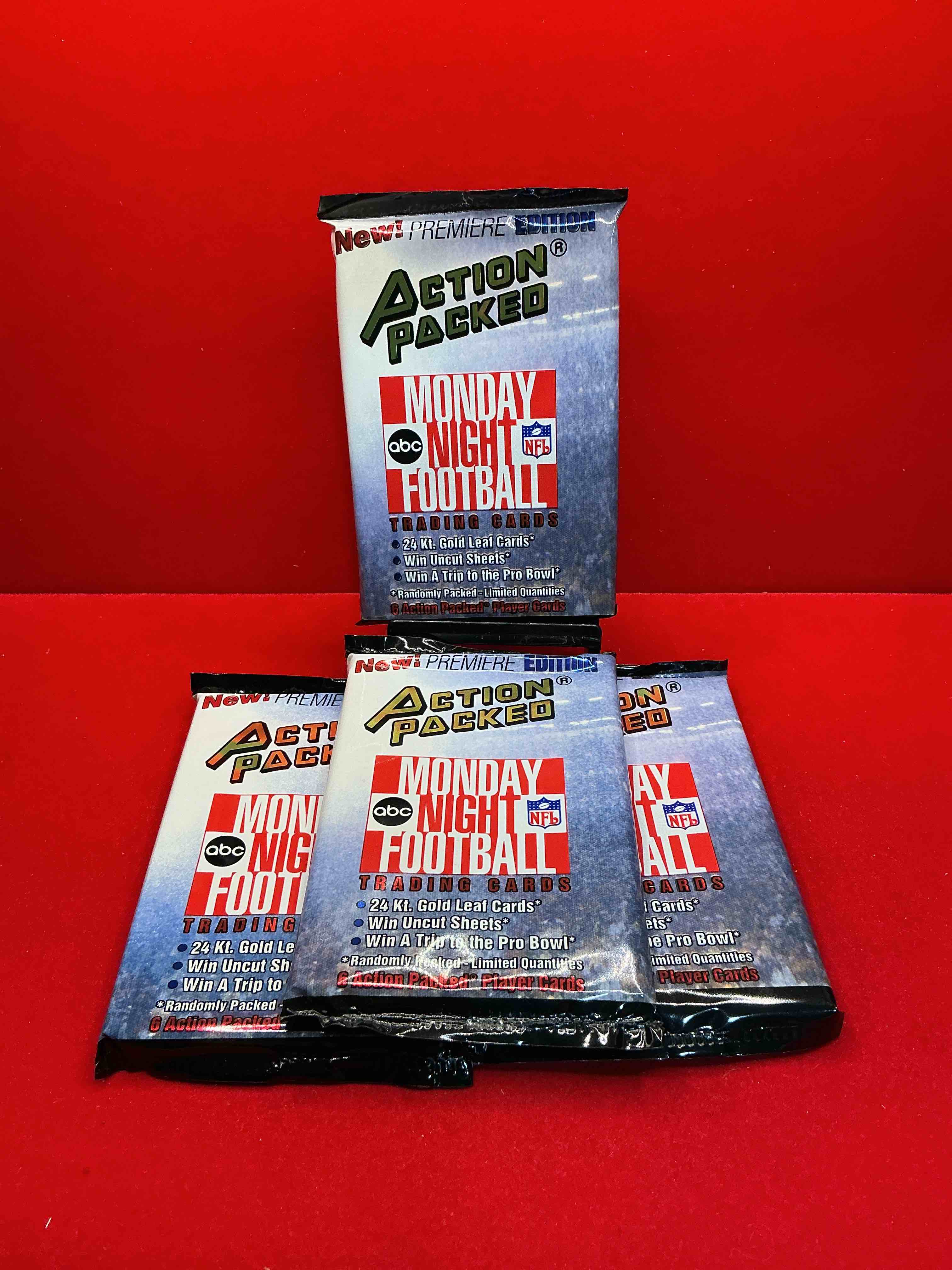 monday night football! rare edition! 1993 nfl action packed! guaranteed star card inside! possible 24k gold leaf cards! awesome nfl packs! search for stars, michael irvin, jerry rice, joe montana, bo jackson, barry sanders & more!