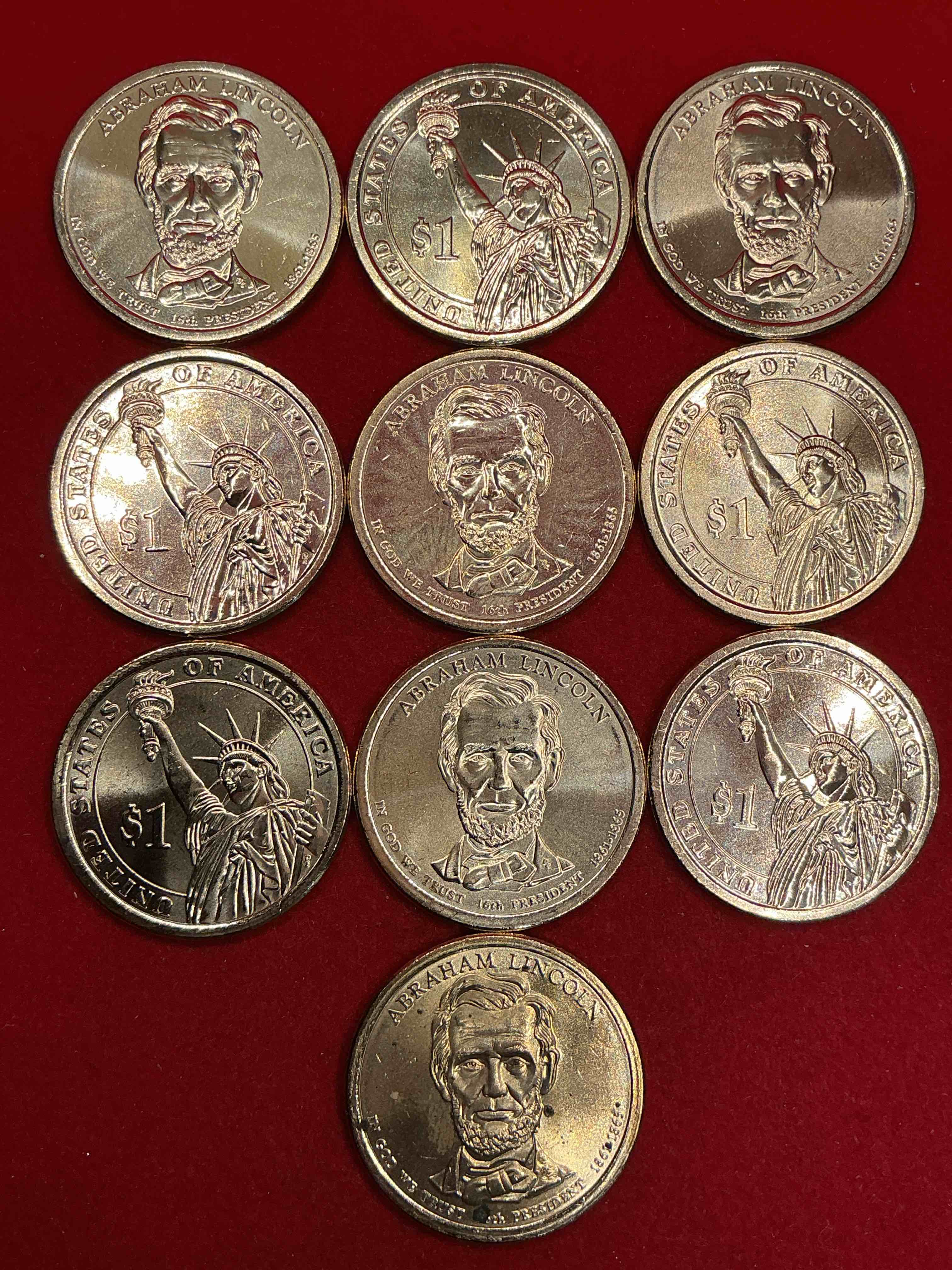 abraham lincoln 2010 one dollar presidential coins! uncirculated brilliant coins! these coins are in mint condition, and some of the most collectible coins out there! rare, uncirculated, one dollar coins featuring abraham lincoln!
