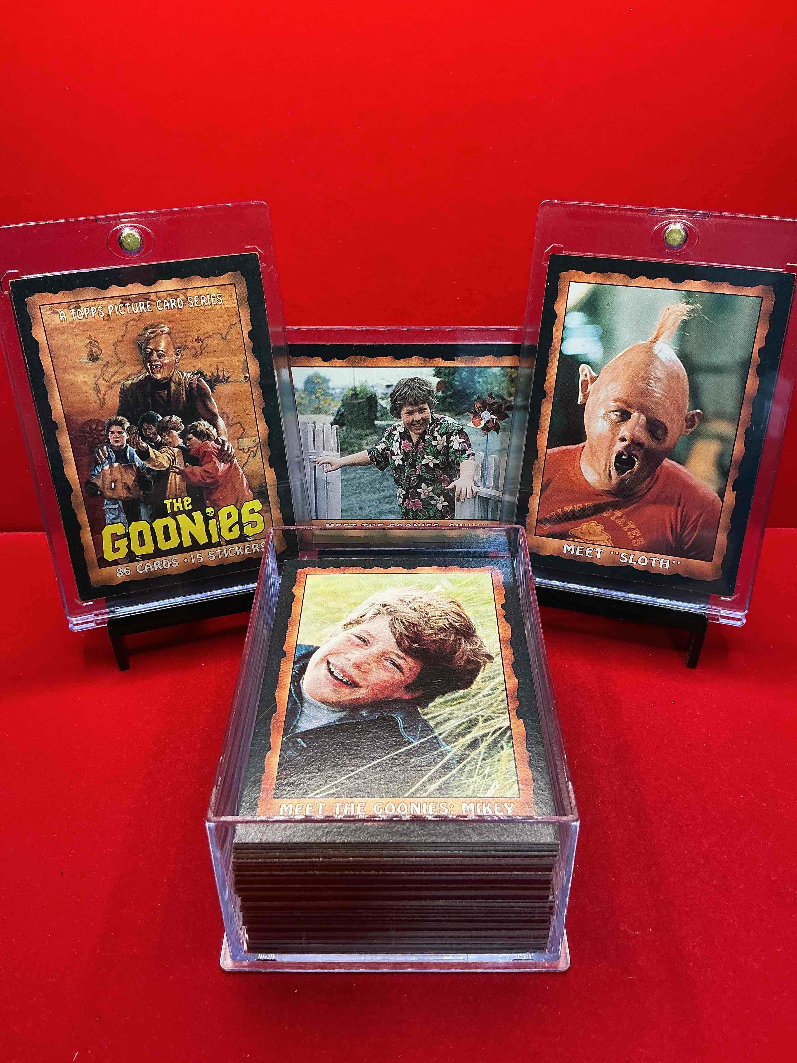 1985 goonies wow! complete, original & authentic “goonies” movie trading card collection, all 86 cards included! excellent condition! this is a serious pop culture collectible, ultra rare complete & in this great condition! your chance to own a little “piece of the 80’s” & have some collectible fun with chunk, sloth & the rest of the gang!