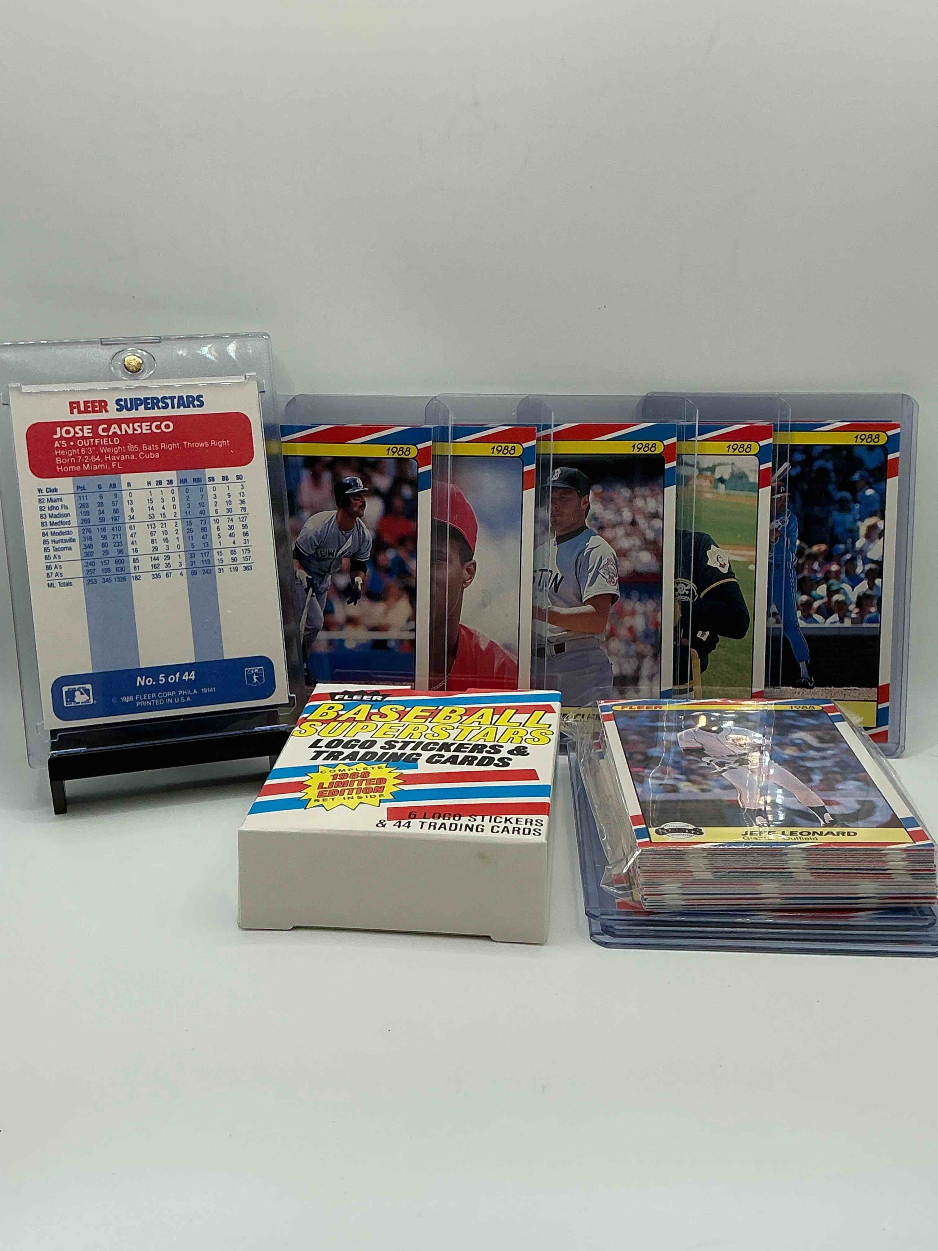 Condition photo showing New/Like New for 1988 baseball superstars fleer baseball cards! jose canseco, roger clemens, barry bonds, eric davis, cal ripken jr & more! baseball’s best! 50 card lot, includes commons & legends alike! some of the best to ever do it!