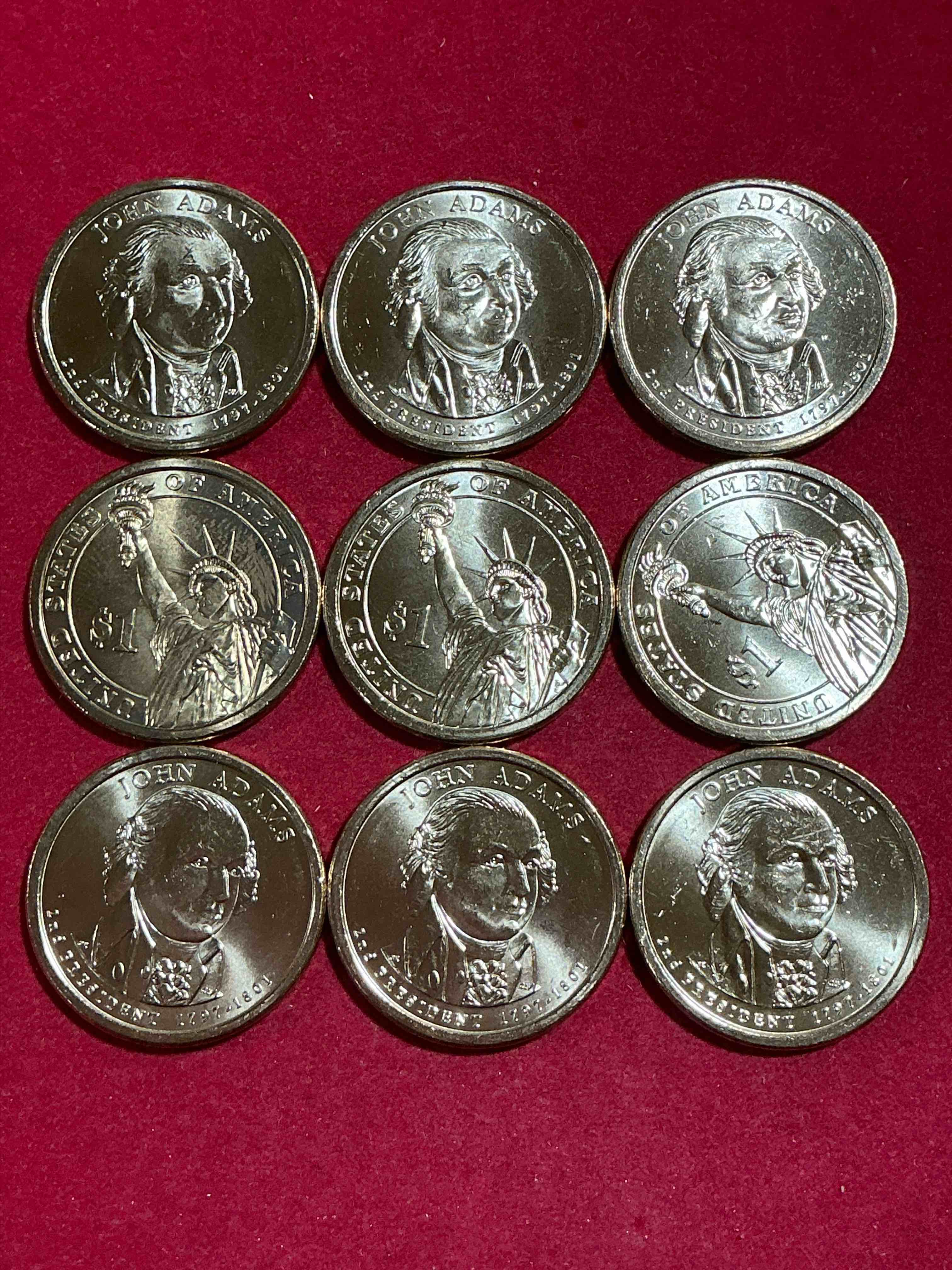 john adams 2008 one dollar presidential coins! uncirculated brilliant coins! these coins are in mint condition, and some of the most collectible coins out there! rare, uncirculated, one dollar coins featuring john adams!