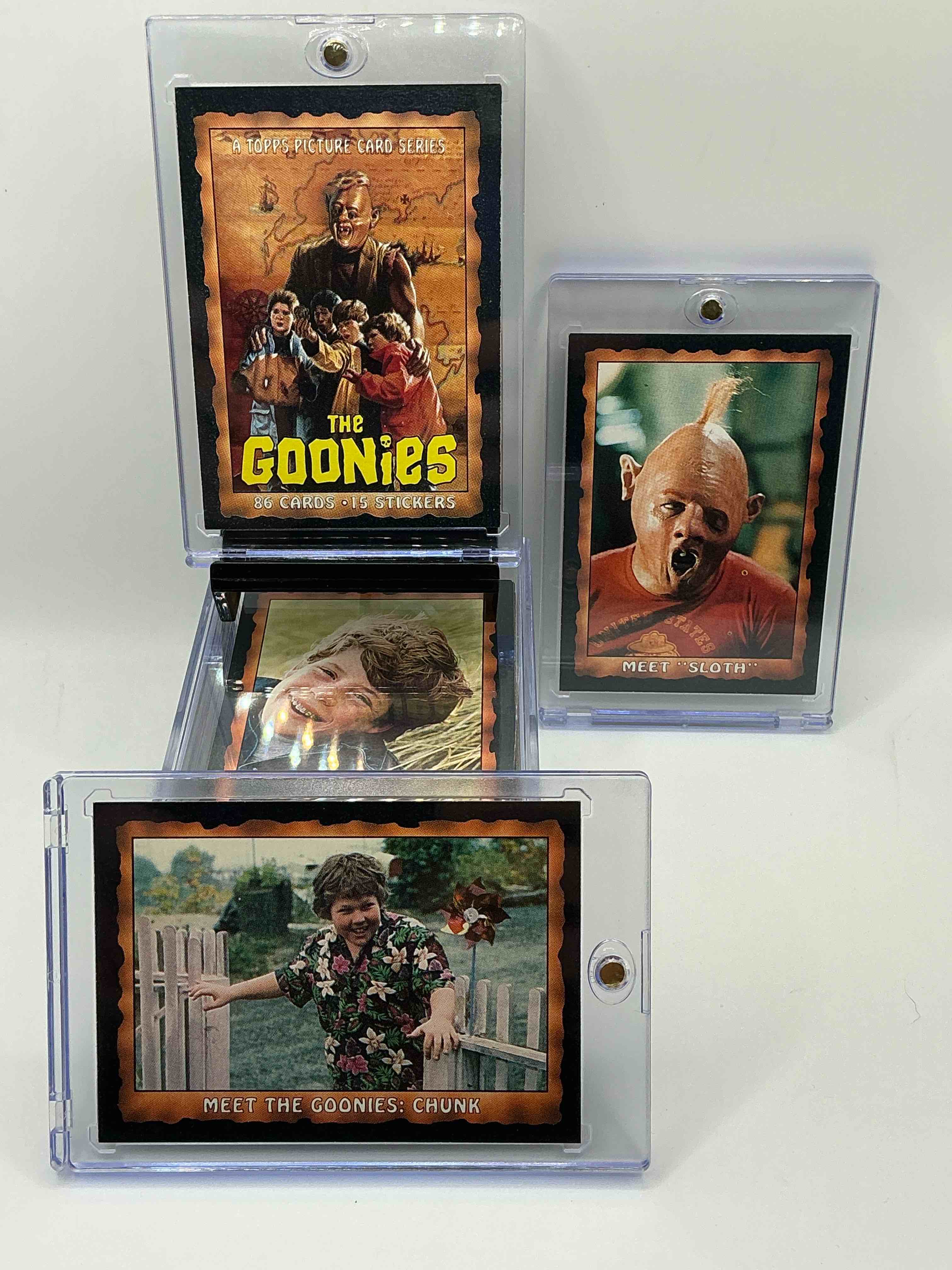 1985 goonies wow! complete, original & authentic “goonies” movie trading card collection, all 86 cards included! excellent condition! this is a serious pop culture collectible, ultra rare complete & in this great condition! your chance to own a little “piece of the 80’s” & have some collectible fun with chunk, sloth & the rest of the gang!