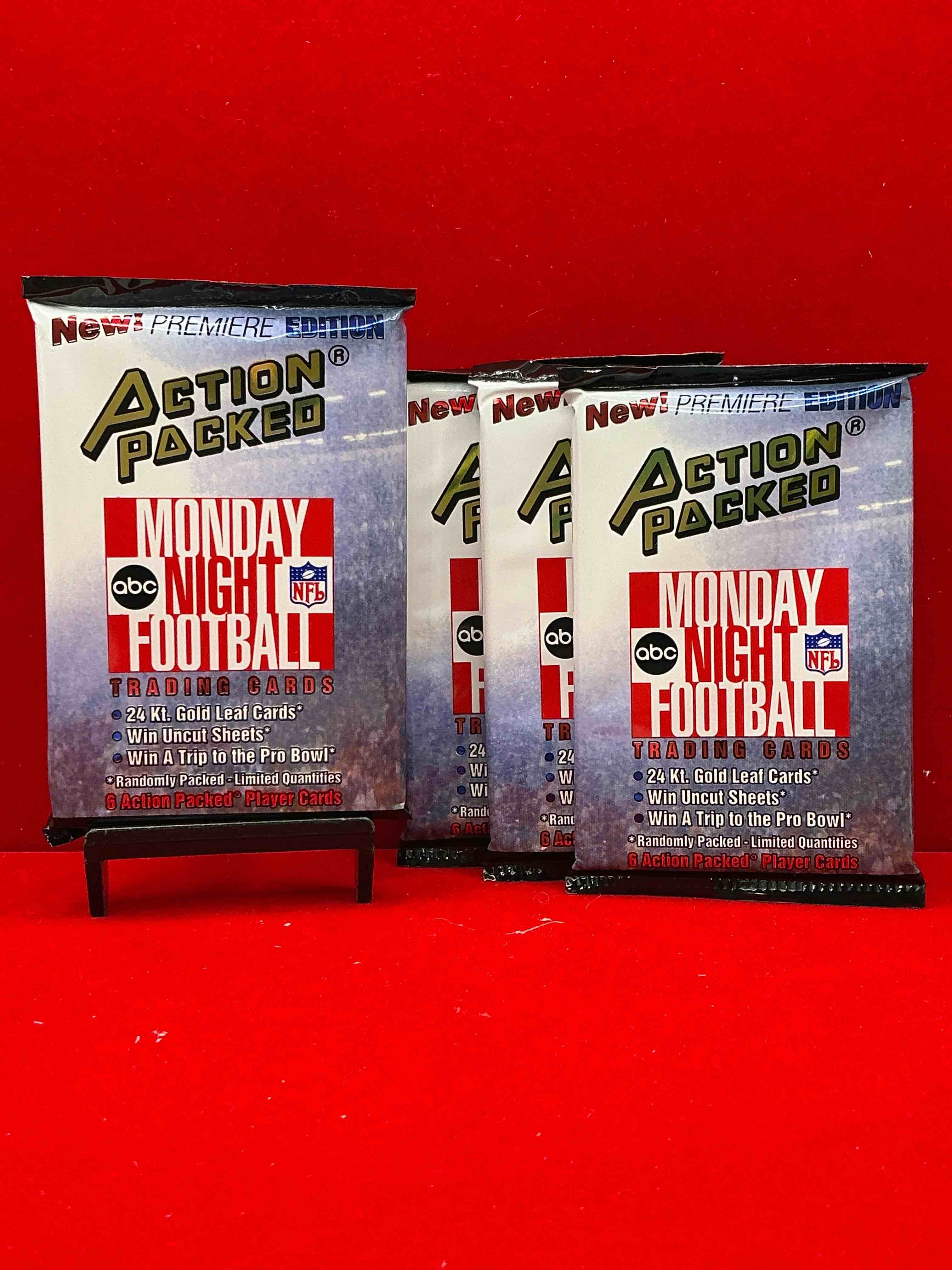 monday night football! rare edition! 1993 nfl action packed! guaranteed star card inside! possible 24k gold leaf cards! awesome nfl packs! search for stars, michael irvin, jerry rice, joe montana, bo jackson, barry sanders & more!