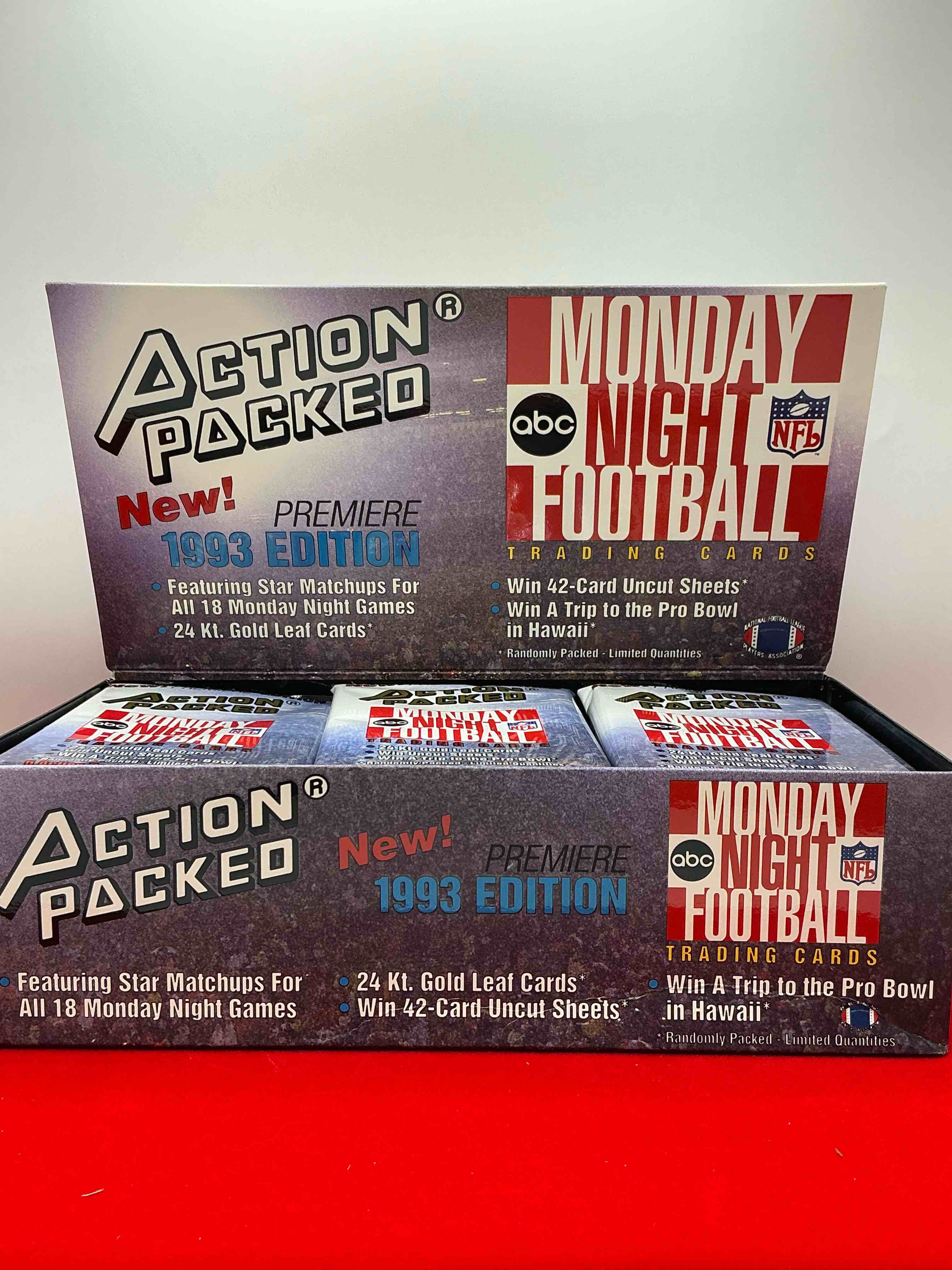 Condition photo showing New/Like New for monday night football! rare edition! 1993 nfl action packed! guaranteed star card inside! possible 24k gold leaf cards! awesome nfl packs! search for stars, michael irvin, jerry rice, joe montana, bo jackson, barry sanders & more!