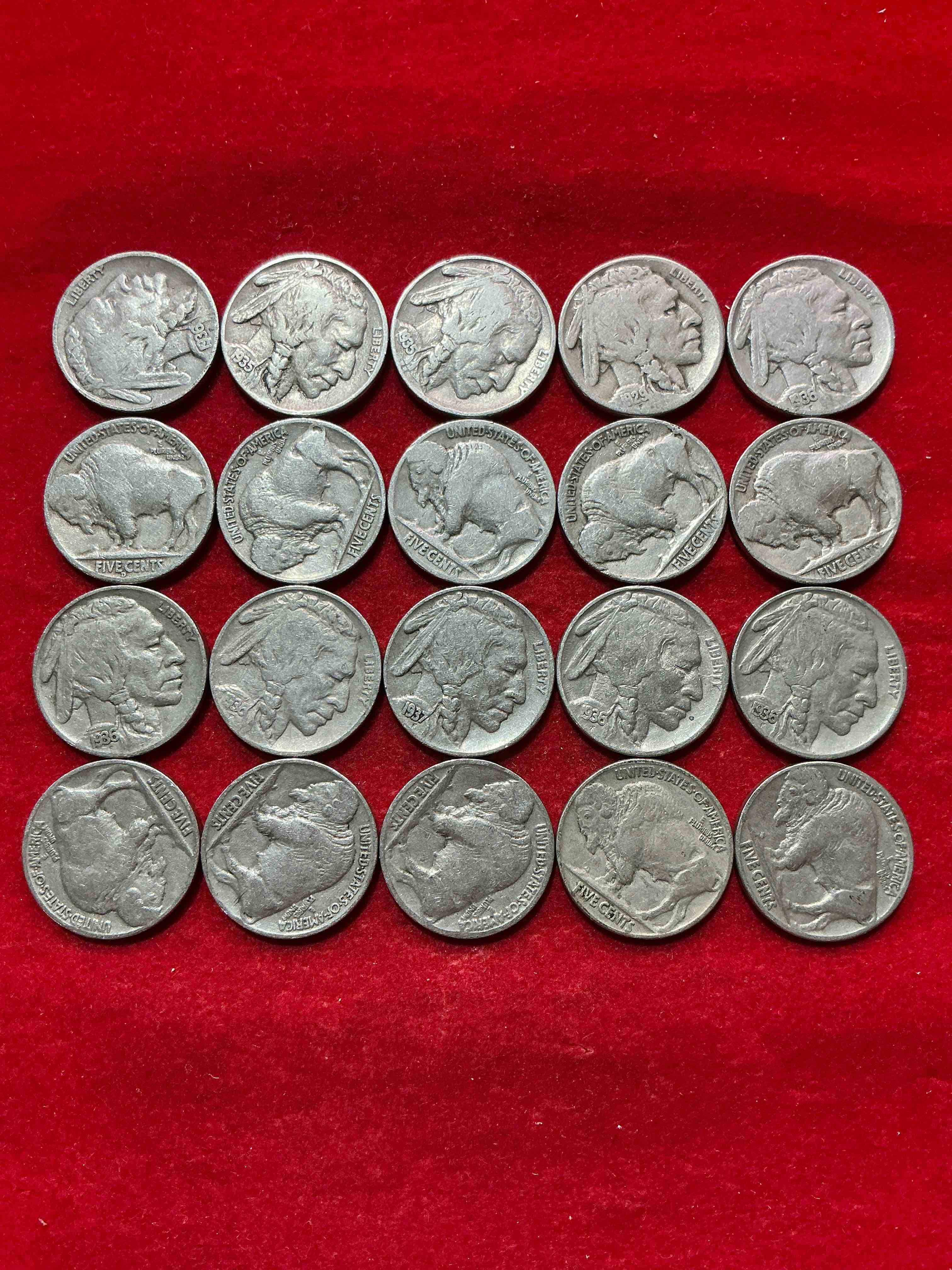 Condition photo showing Good Condition for historic buffalo nickels! indian head buffalo nickels were minted from 1913 to 1938 & have become a favorite for coin collectors around the world! own pieces of american history with these cool indian head buffalo nickels in circulated condition, some with visible dates is very rare for buffalo nickels!