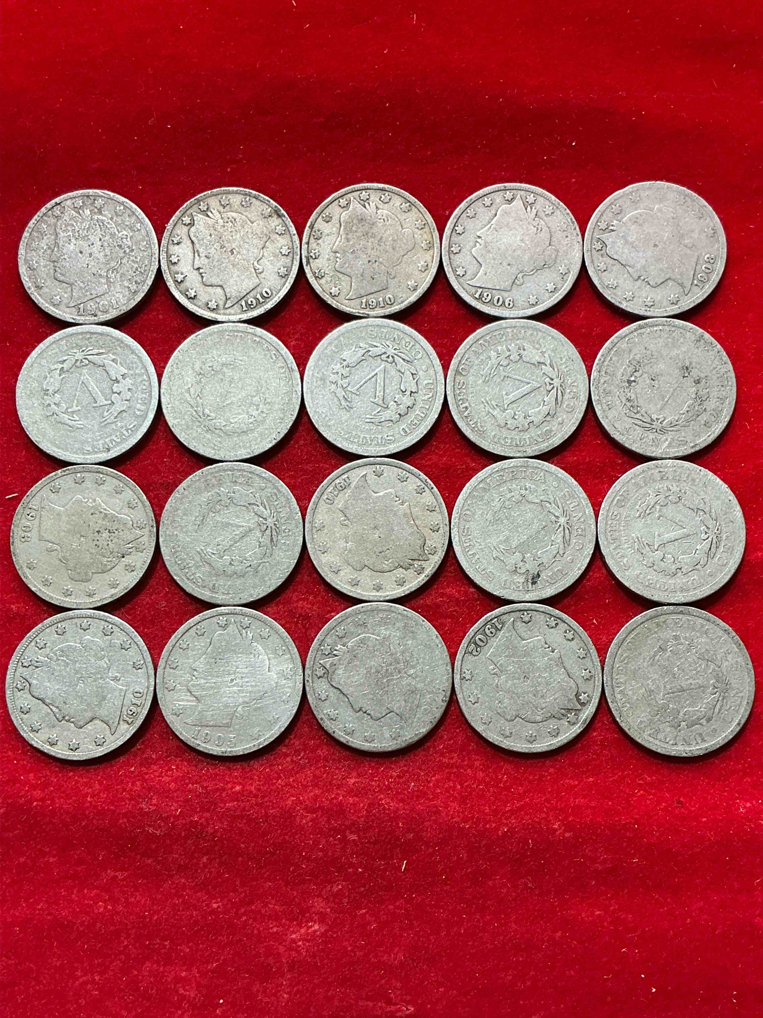 Condition photo showing Good Condition for antique u.s. v nickels! think of the history these coins have seen!, liberty head v nickels were minted up until 1913 & were the style of nickels before buffalo nickels. own some cool pieces of history! rare to see these coins with the "date on" in circulated condition!