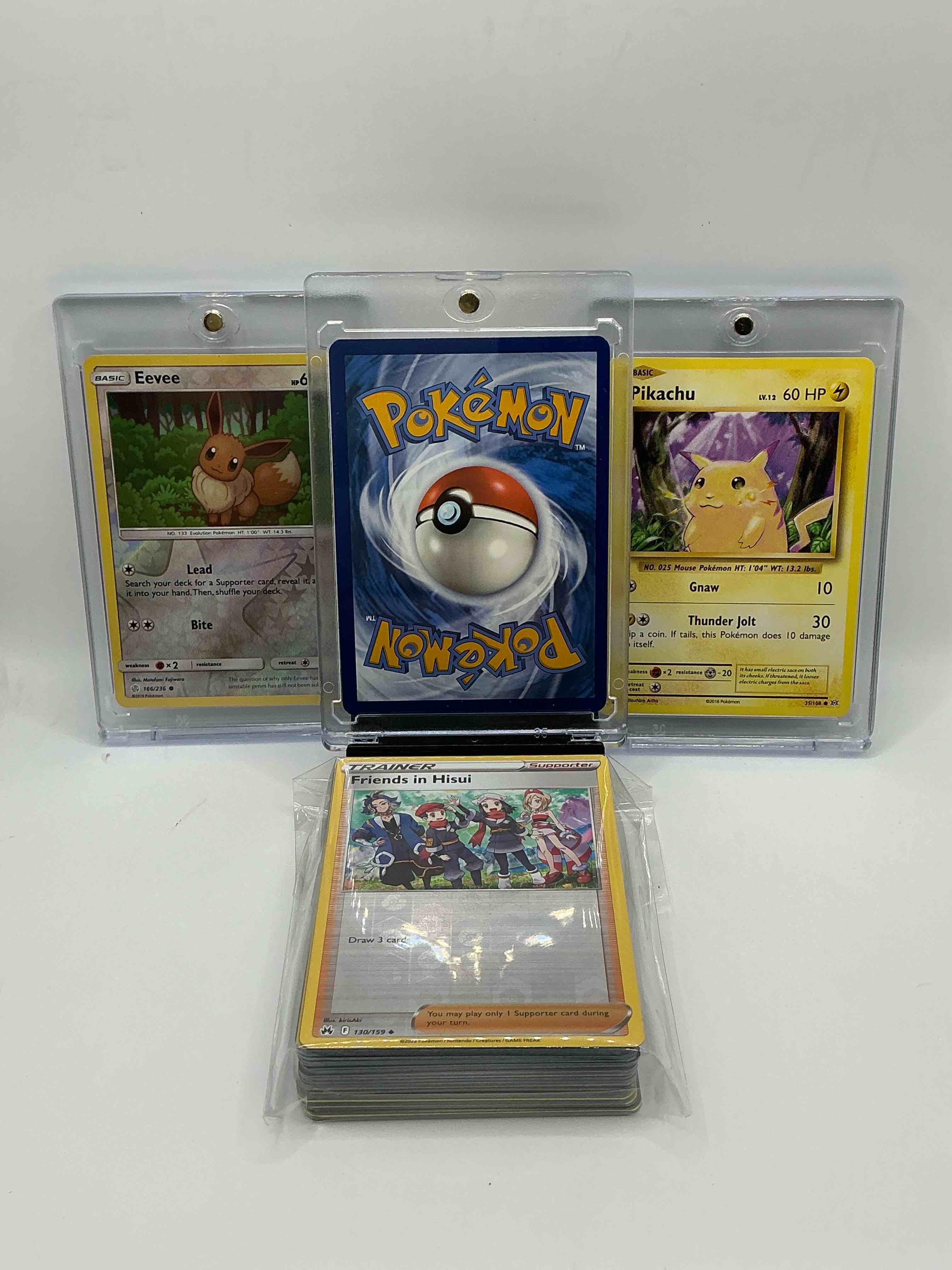 Condition photo showing New/Like New for pokémon! lucario! pikachu! eevee! along with 50 other pokémon heroes, holos, legends & commons- including holographic cards, stage 1 cards, holos & more! also includes 36 non holo common/ uncommon basic & first stage cards trainers & energy too! perfect set for collectors & enthusiasts!