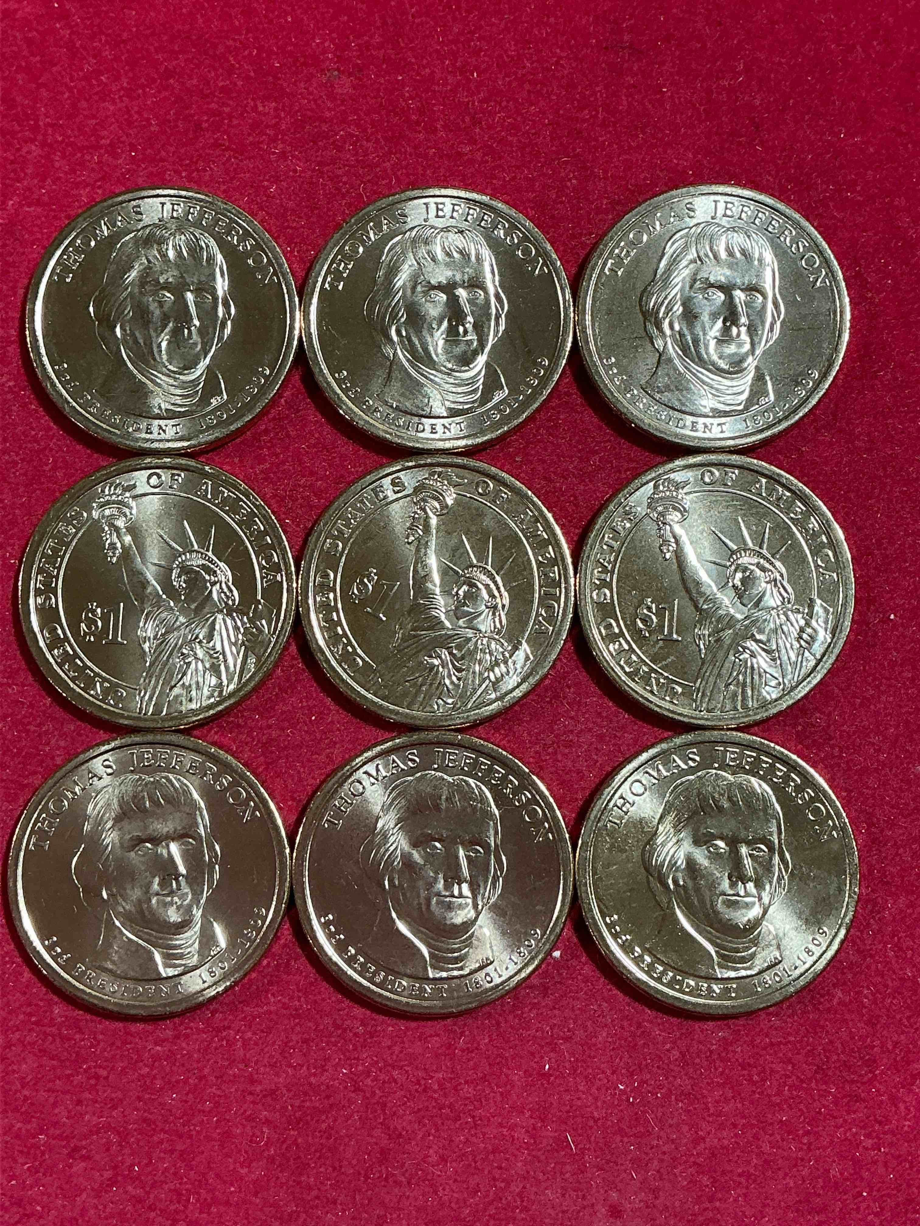 Condition photo showing New/Like New for thomas jefferson 2007 one dollar coins! uncirculated coin! these coins are in mint condition, and some of the most collectible coins out there! rare, uncirculated, one dollar coins featuring thomas jefferson!