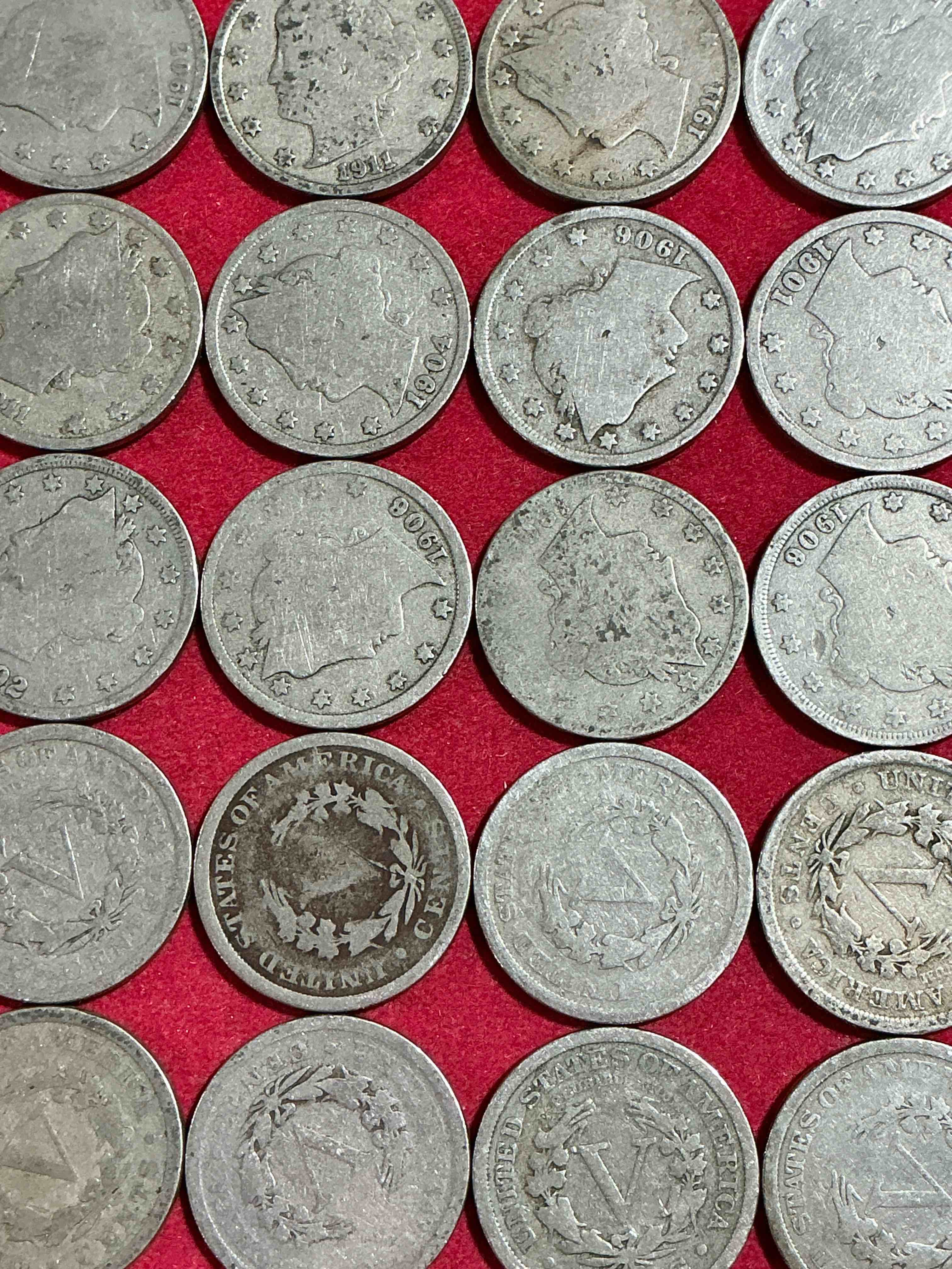 Condition photo showing Good Condition for antique u.s. v nickels! think of the history these coins have seen!, liberty head v nickels were minted up until 1913 & were the style of nickels before buffalo nickels. own some cool pieces of history! rare to see these coins with the "date on" in circulated condition!