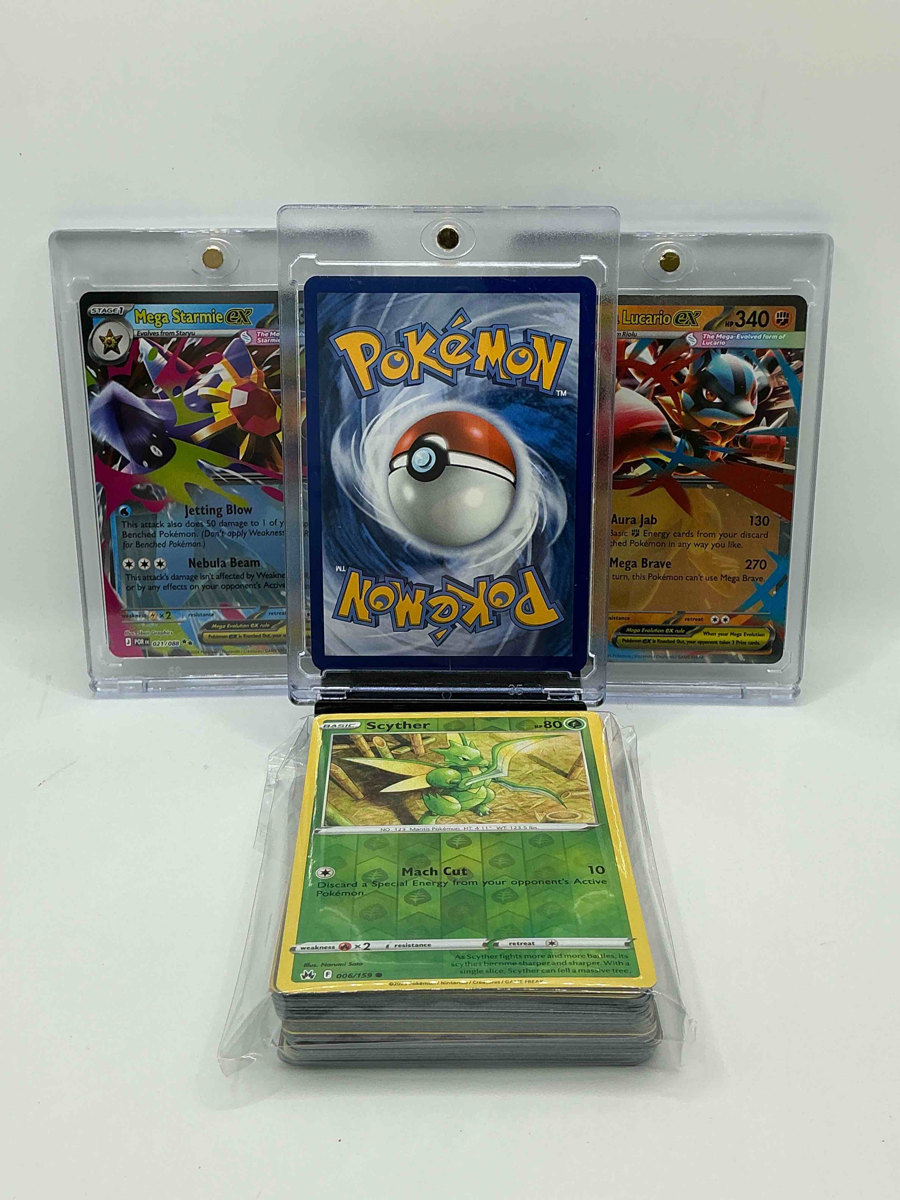 Condition photo showing New/Like New for mega charizard x ex! mega lucario ex! mega starmie ex! along with 50 other pokémon heroes, holos, legends & commons- including holographic cards, stage 1 cards, holos & more! also includes 36 non holo common/ uncommon basic & first stage cards trainers & energy too! perfect set for collectors & enthusiasts!