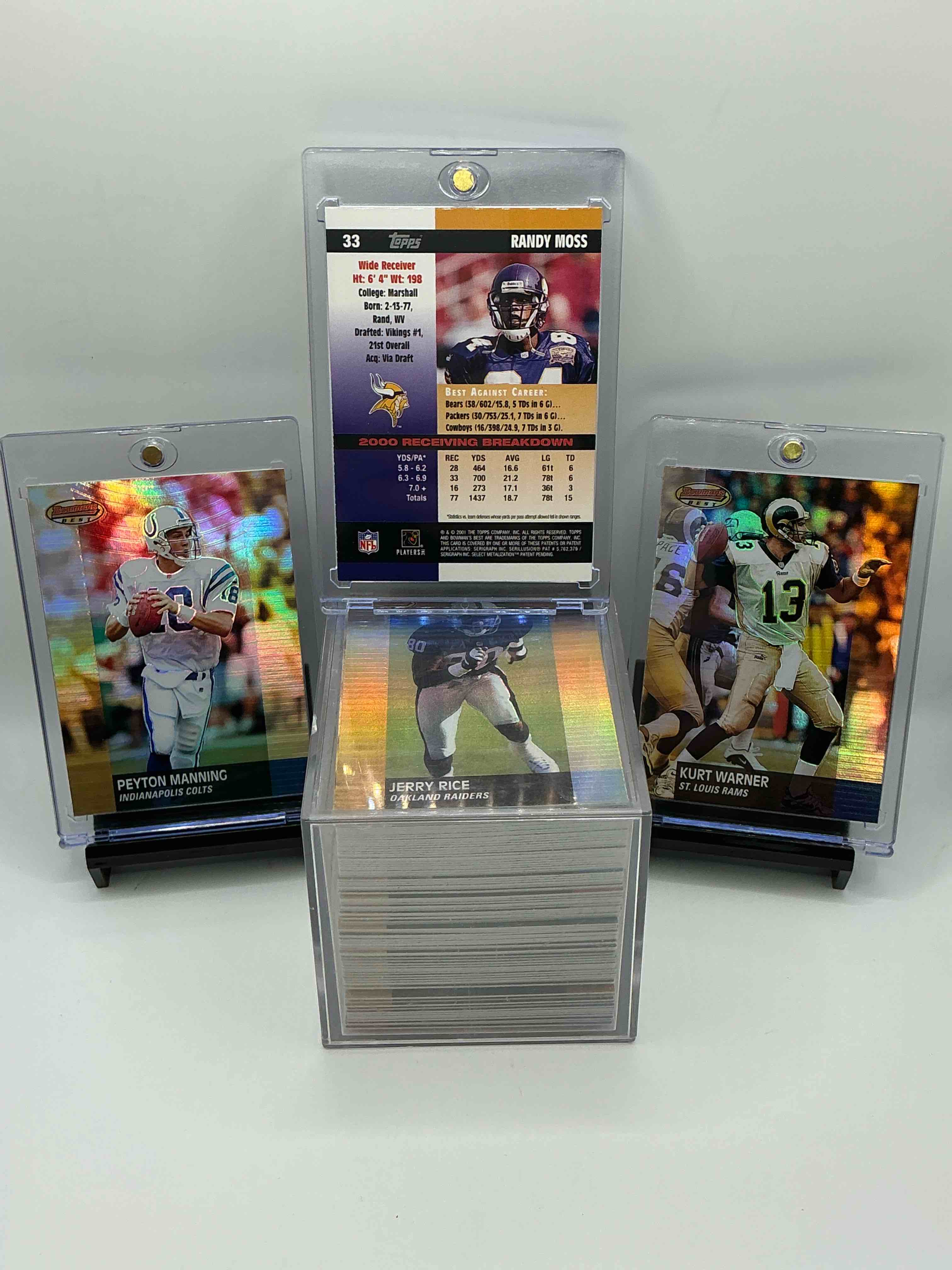 Condition photo showing New/Like New for 2001 early rare peyton manning! randy moss, steve young, troy aikman & more! 2001 bowman’s best 100 card craziness! all 100 cards included in this super rare collection! all the legends from the late 90’s all included here! brett favre! all the best from the greatest show on turf included! wow!