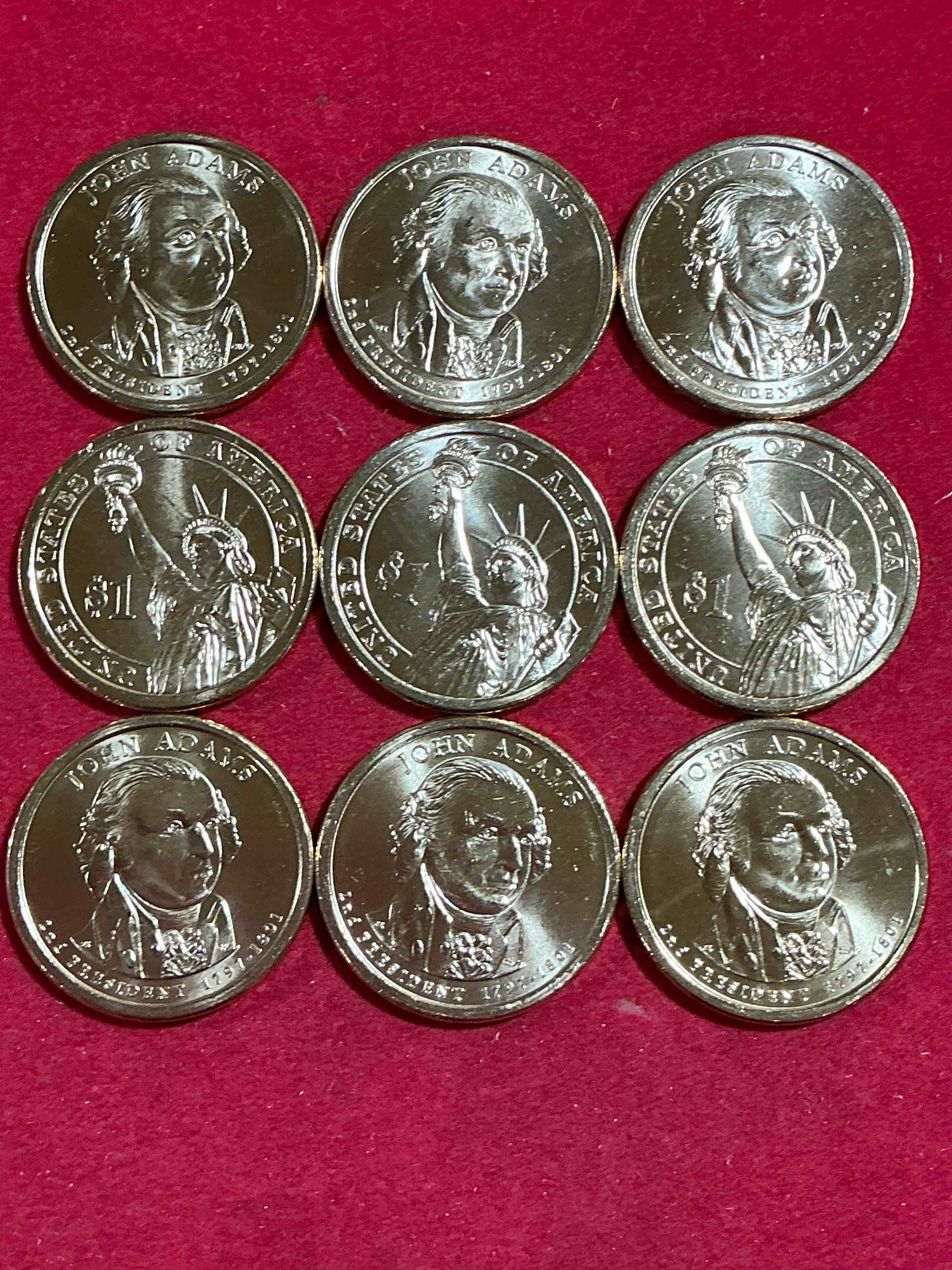 Condition photo showing New/Like New for john adams 2008 one dollar presidential coins! uncirculated brilliant coins! these coins are in mint condition, and some of the most collectible coins out there! rare, uncirculated, one dollar coins featuring john adams!