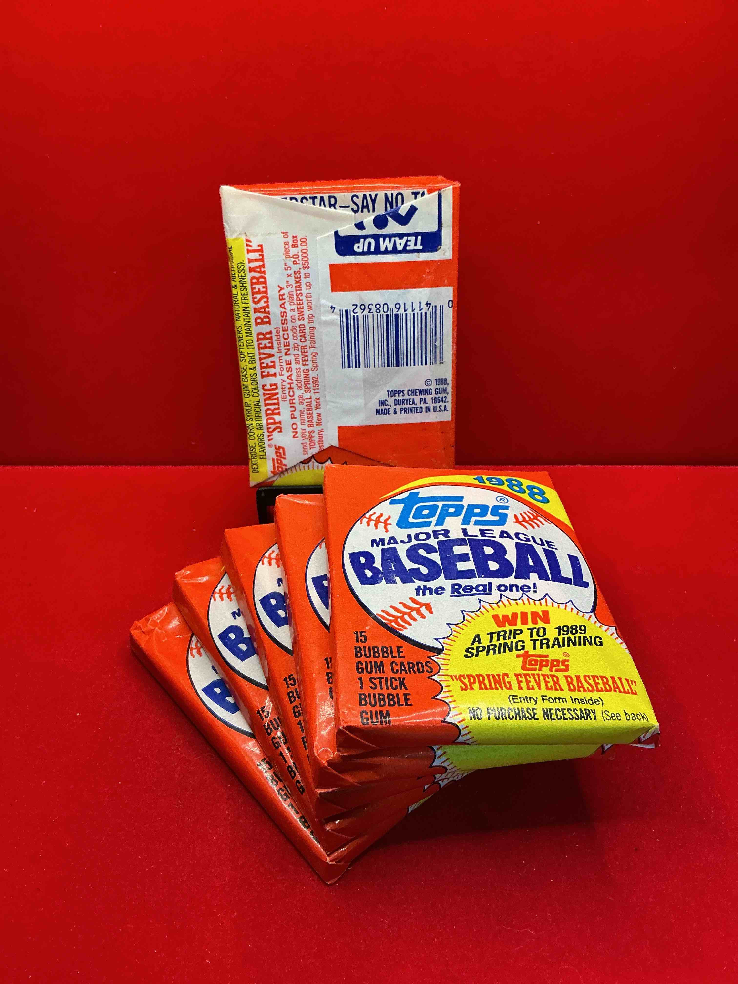Condition photo showing New/Like New for 80's baseball fan's rejoice! 1988 topps baseball unopened wax packs full of collectible trading cards! search for valuable don mattingly "world of baseball" & nolan ryan cards worth hundreds in perfect condition!