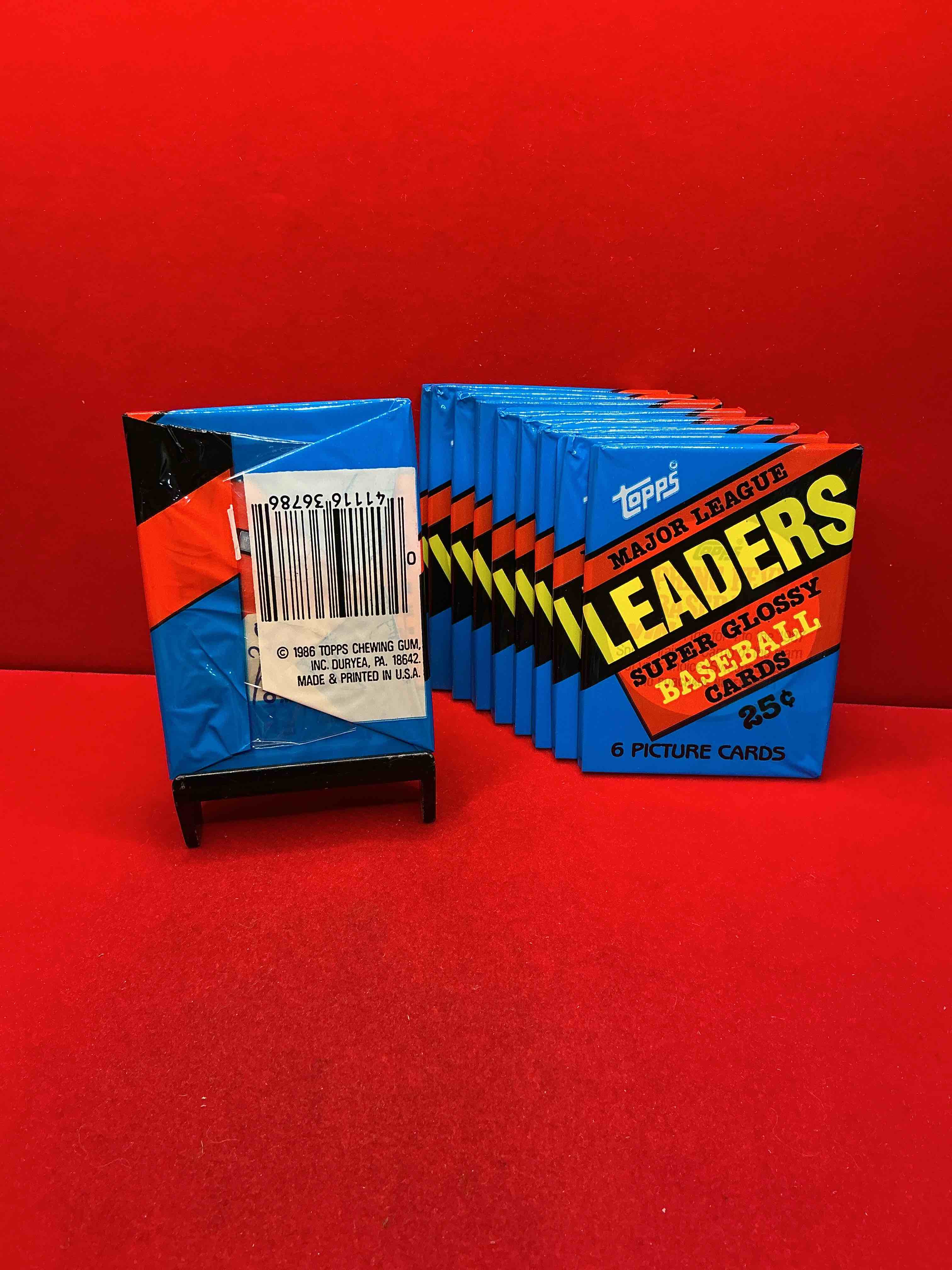 Condition photo showing New/Like New for ultra rare! 1986 "mlb leaders" unopened miniature baseball collectible card packs, 6 cards per pack, direct from original retail case. super rare, impossible to find! like new condition!
