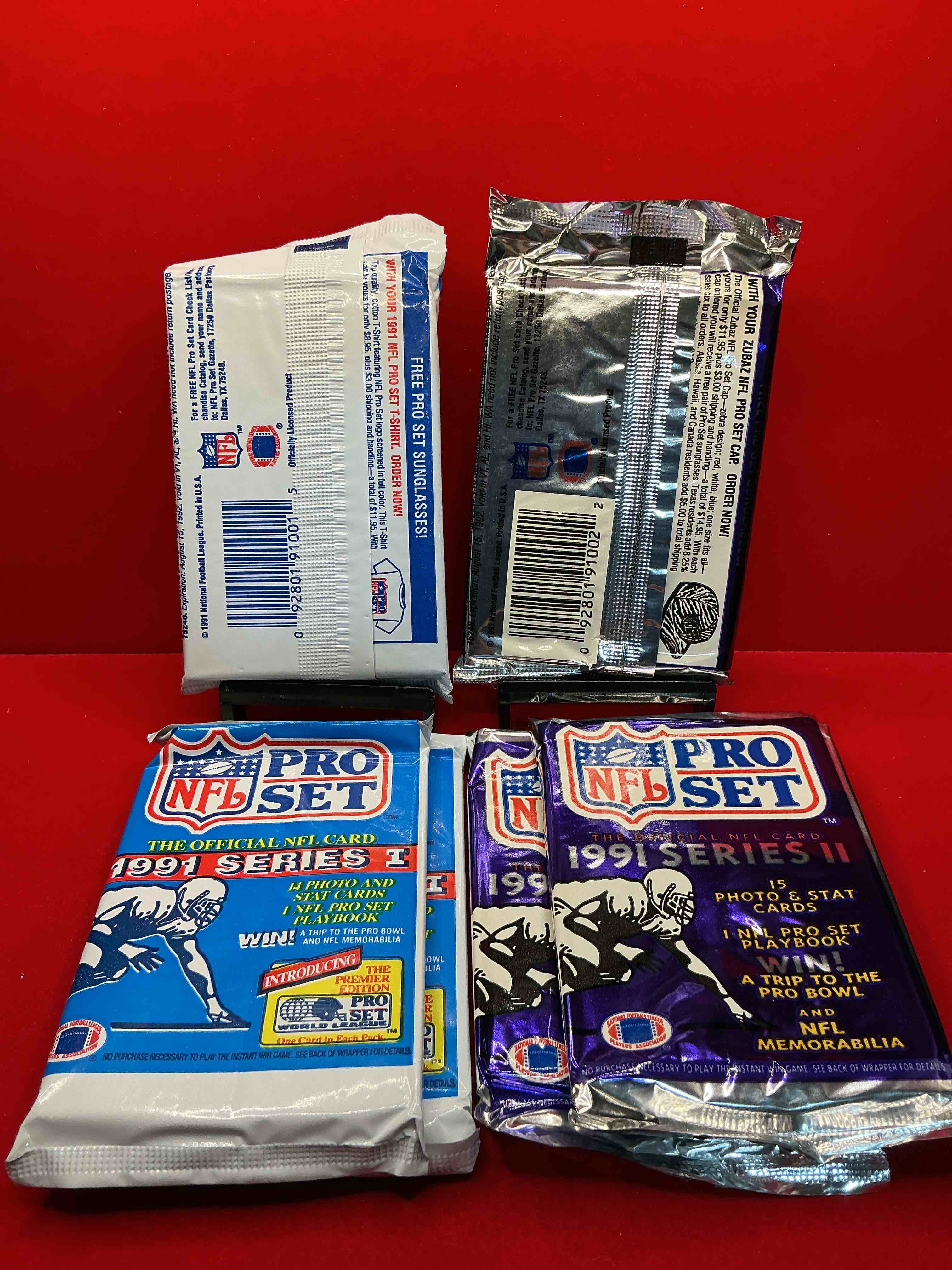 Condition photo showing New/Like New for wow! 1991 pro set football sealed card packs series i & ii, direct from original retail case!highly sought after by collectors as this year is loaded with high profile cards!search for cards from barry sanders, deion sanders, troy aikman, michael irvin & much more! getting hard to find!