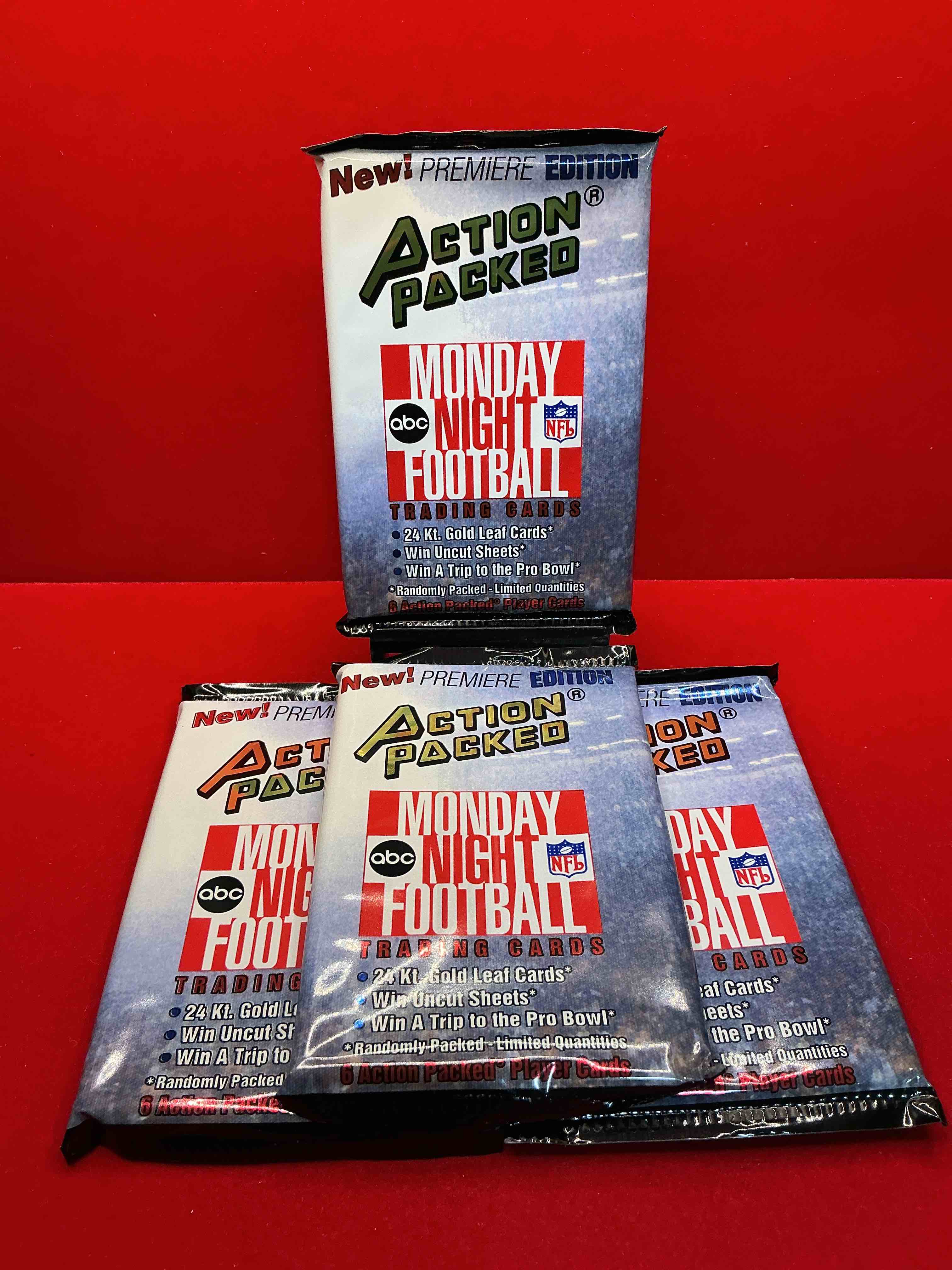monday night football! rare edition! 1993 nfl action packed! guaranteed star card inside! possible 24k gold leaf cards! awesome nfl packs! search for stars, michael irvin, jerry rice, joe montana, bo jackson, barry sanders & more!