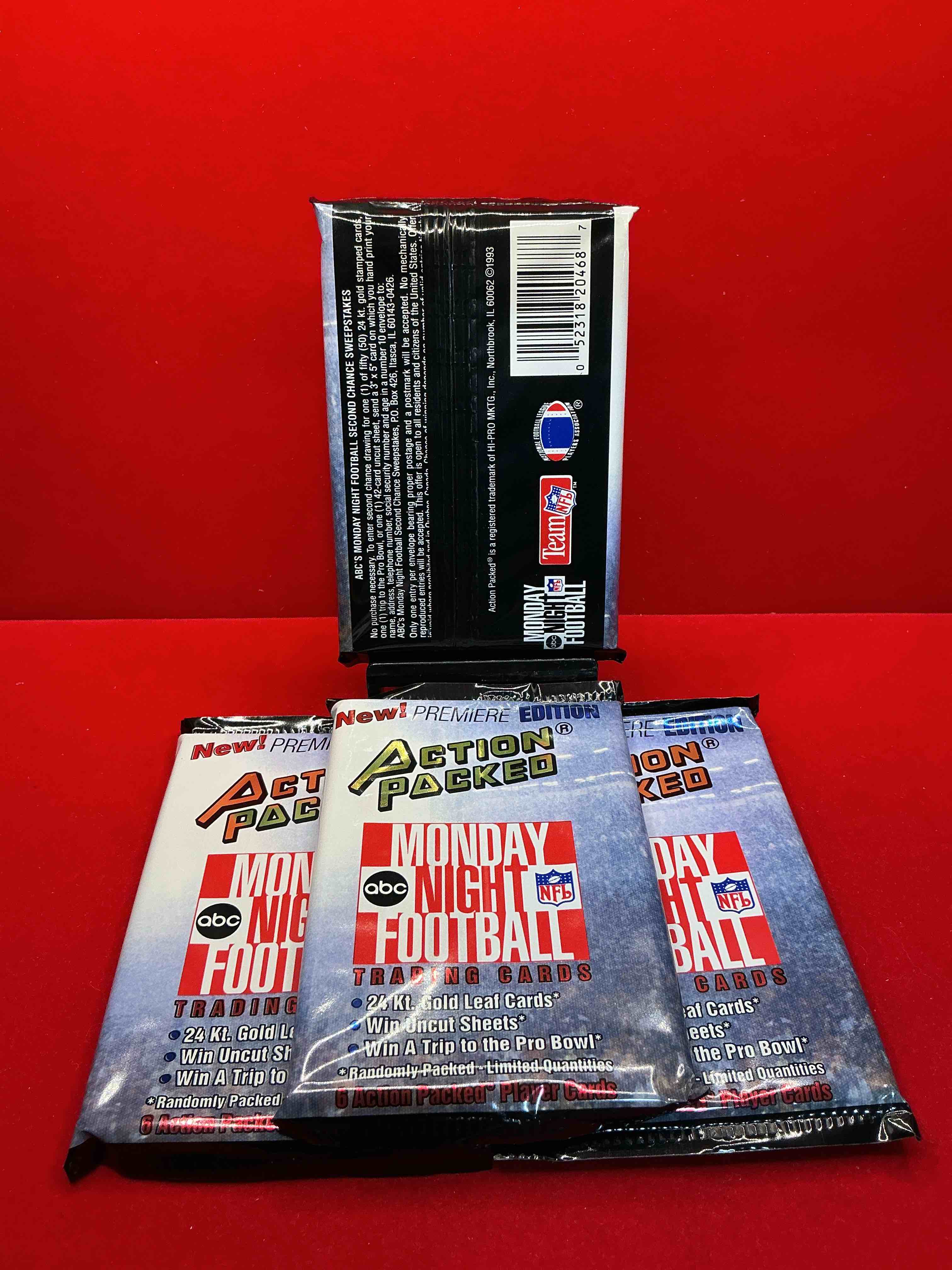 Condition photo showing New/Like New for monday night football! rare edition! 1993 nfl action packed! guaranteed star card inside! possible 24k gold leaf cards! awesome nfl packs! search for stars, michael irvin, jerry rice, joe montana, bo jackson, barry sanders & more!