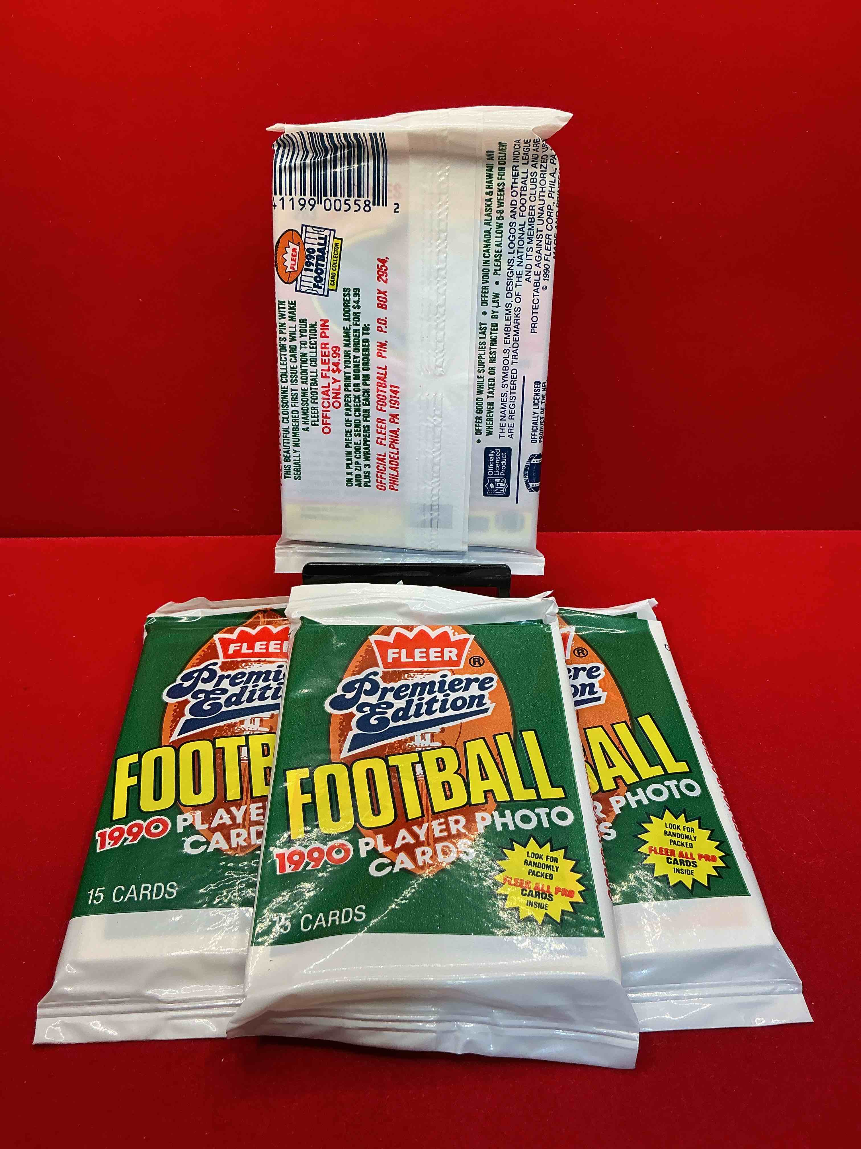 Condition photo showing New/Like New for emmitt smith rookie!? 1990 fleer premier edition football unopened packs direct from original box! look for valuable emmitt smith rookie cards! let the search begin!