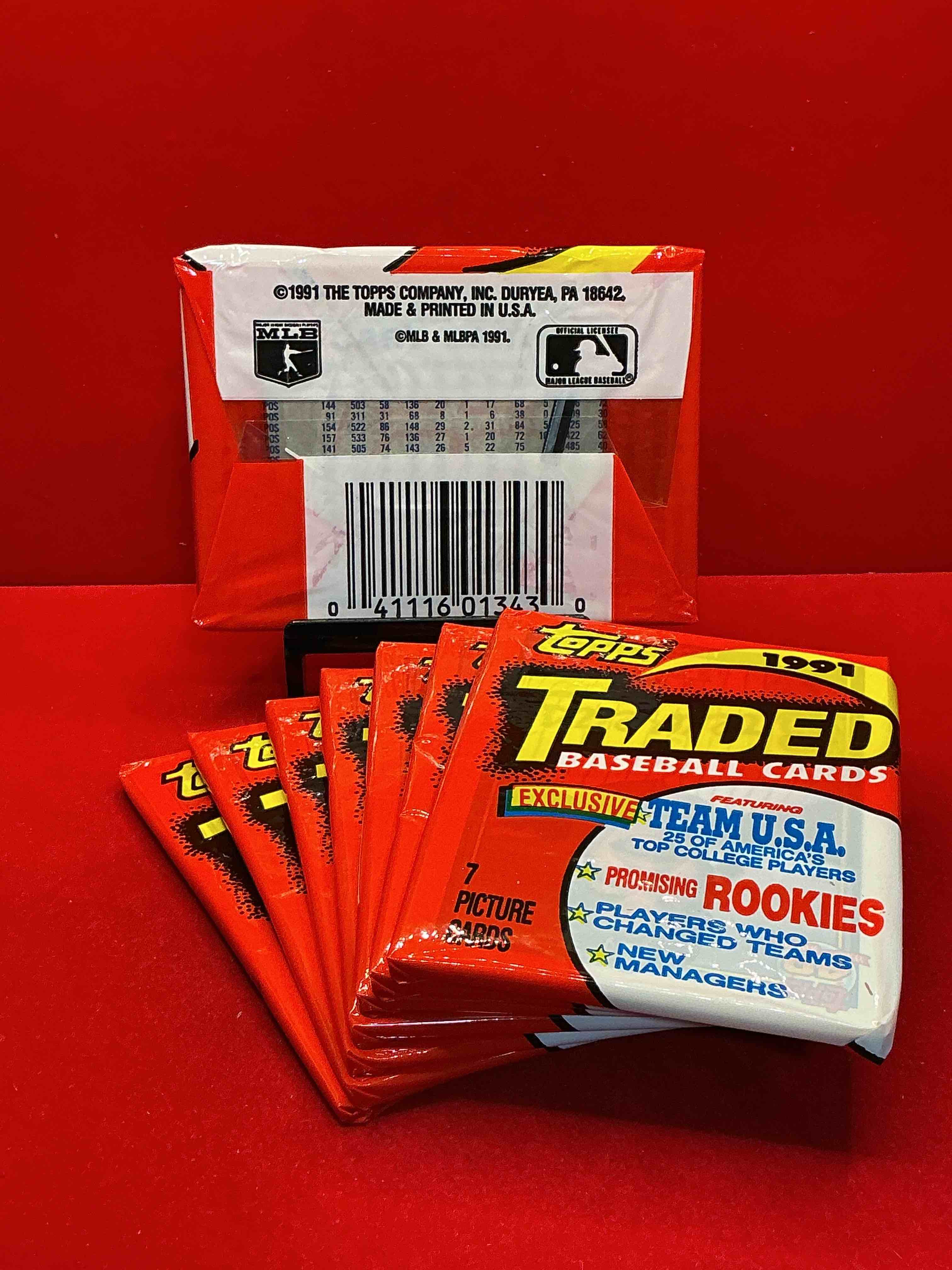 Condition photo showing New/Like New for 1991 topps traded baseball card unopened packs, straight from box! search for ken griffey jr cards, bo jackson cards & other 80s & 90s stars! perfect baseball packs!