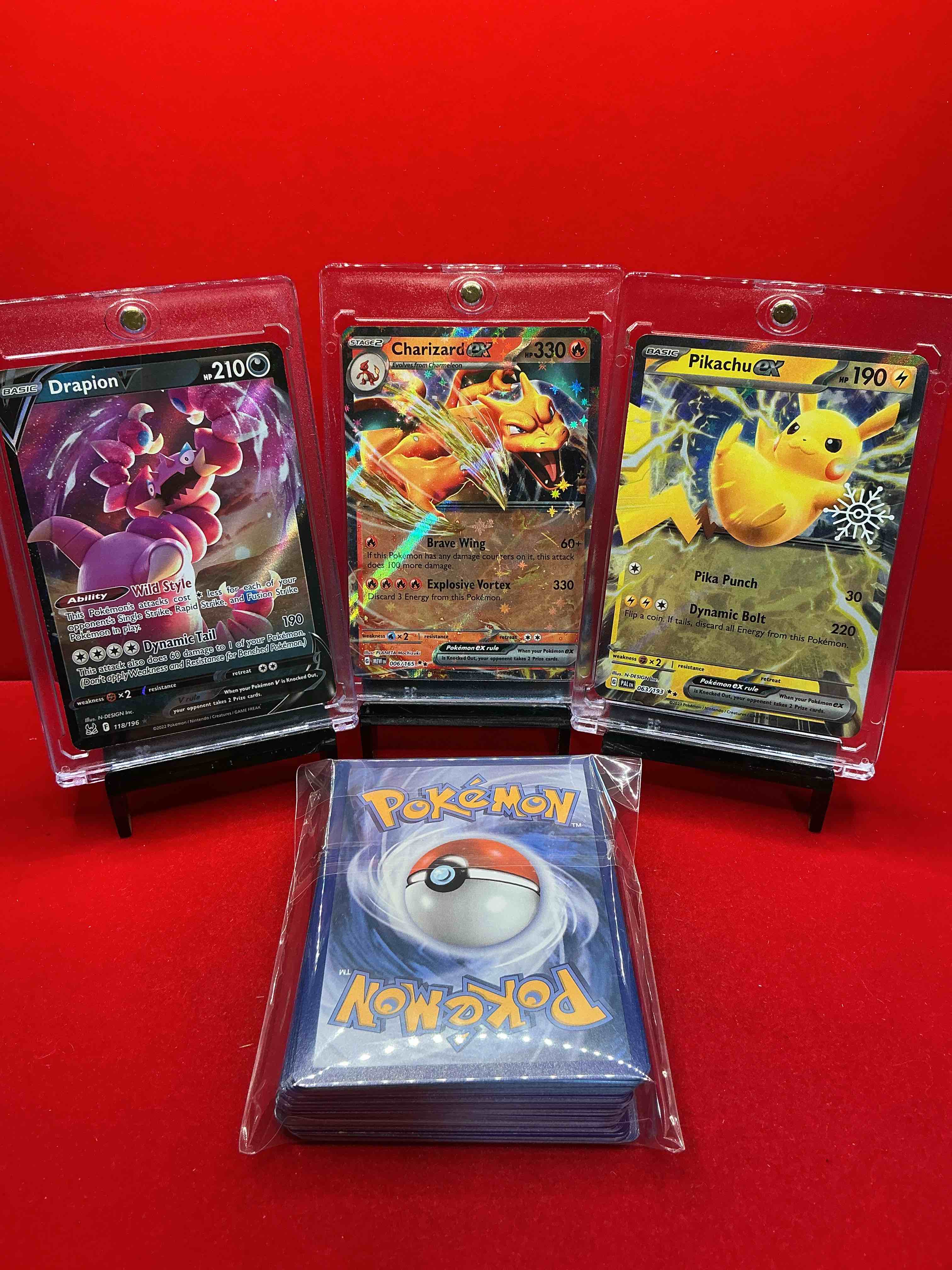 Condition photo showing New/Like New for pokémon party! charizard ex! pikachu ex! drapion v! along with 50 other pokémon heroes, holos, legends & commons- including holographic cards, cool holos & more! includes 36 non holo common/ uncommon basic & first stage cards & could even include trainers & energy too! perfect set for collectors & enthusiasts!