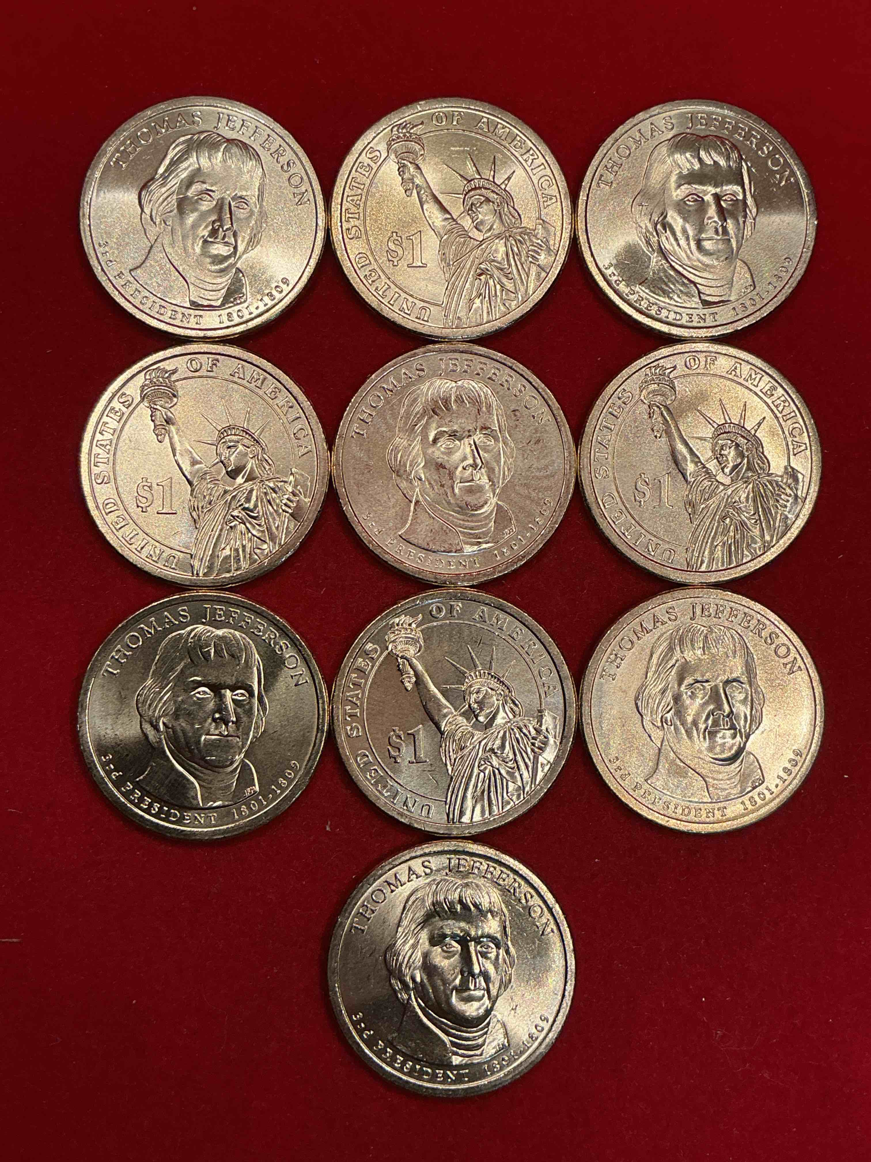 thomas jefferson 2007 one dollar coins! uncirculated coin! these coins are in mint condition, and some of the most collectible coins out there! rare, uncirculated, one dollar coins featuring thomas jefferson!