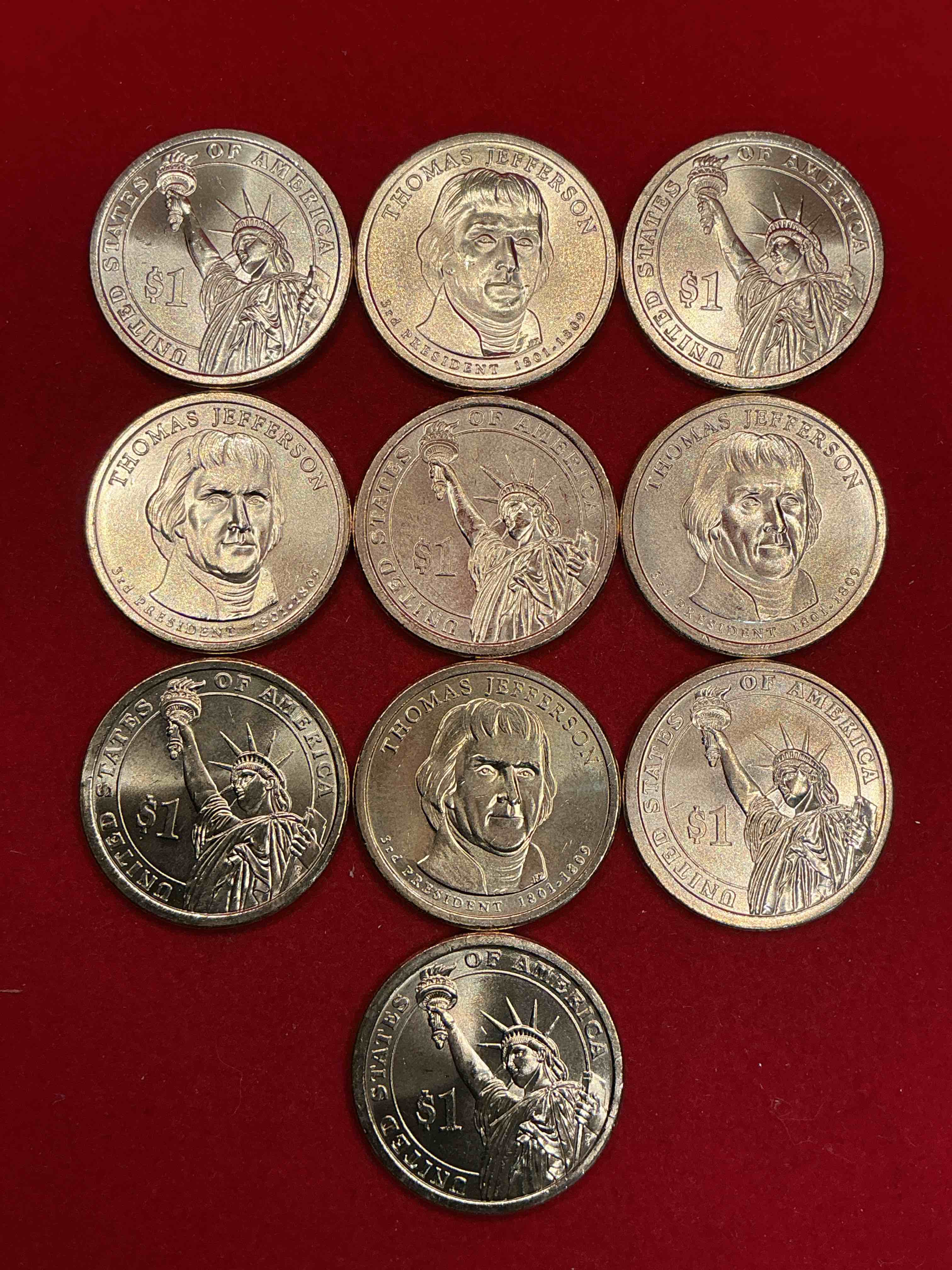 Condition photo showing New/Like New for thomas jefferson 2007 one dollar coins! uncirculated coin! these coins are in mint condition, and some of the most collectible coins out there! rare, uncirculated, one dollar coins featuring thomas jefferson!