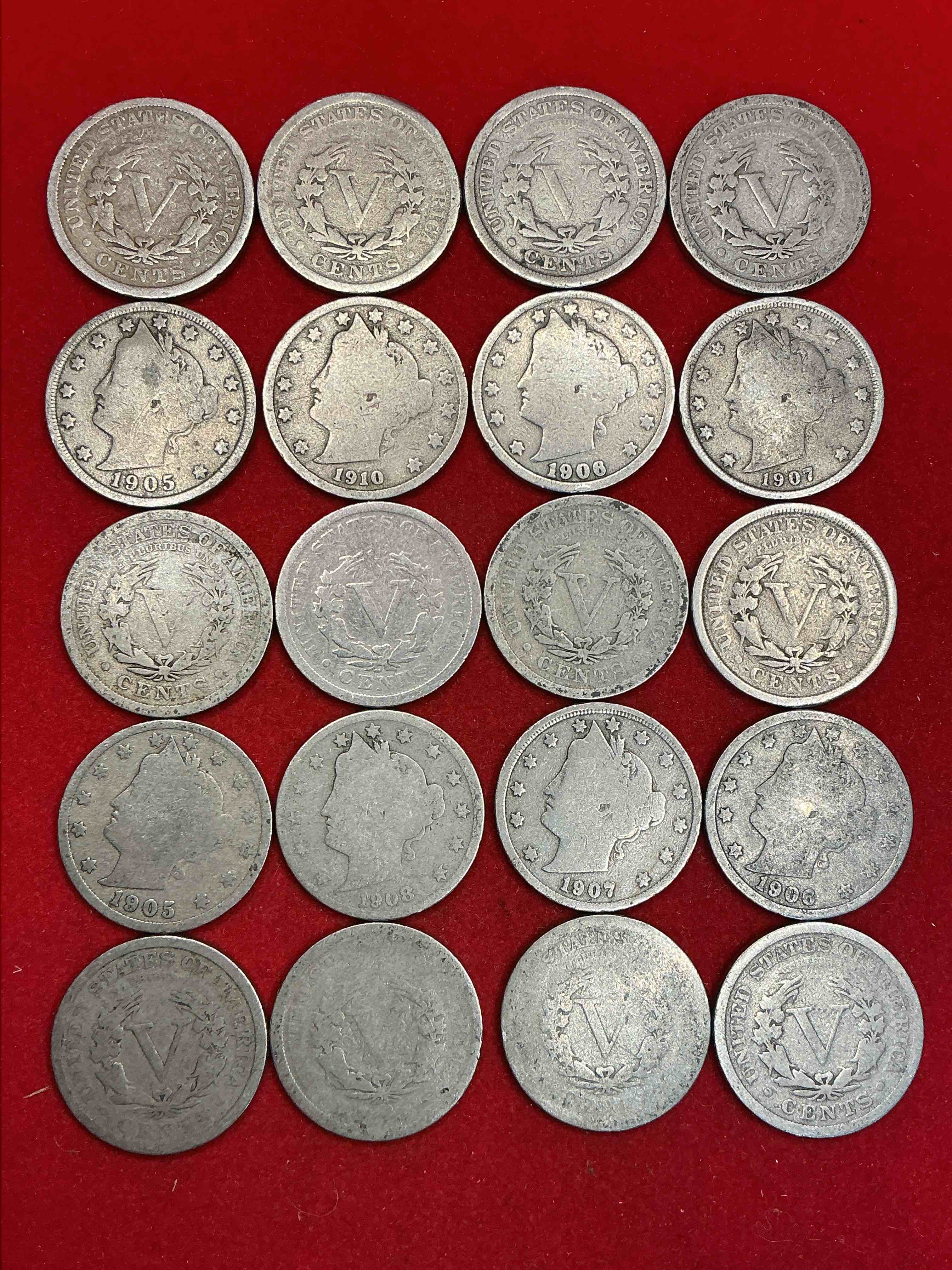 Condition photo showing Good Condition for antique u.s. v nickels! think of the history these coins have seen!, liberty head v nickels were minted up until 1913 & were the style of nickels before buffalo nickels. own some cool pieces of history! rare to see these coins with the "date on" in circulated condition!