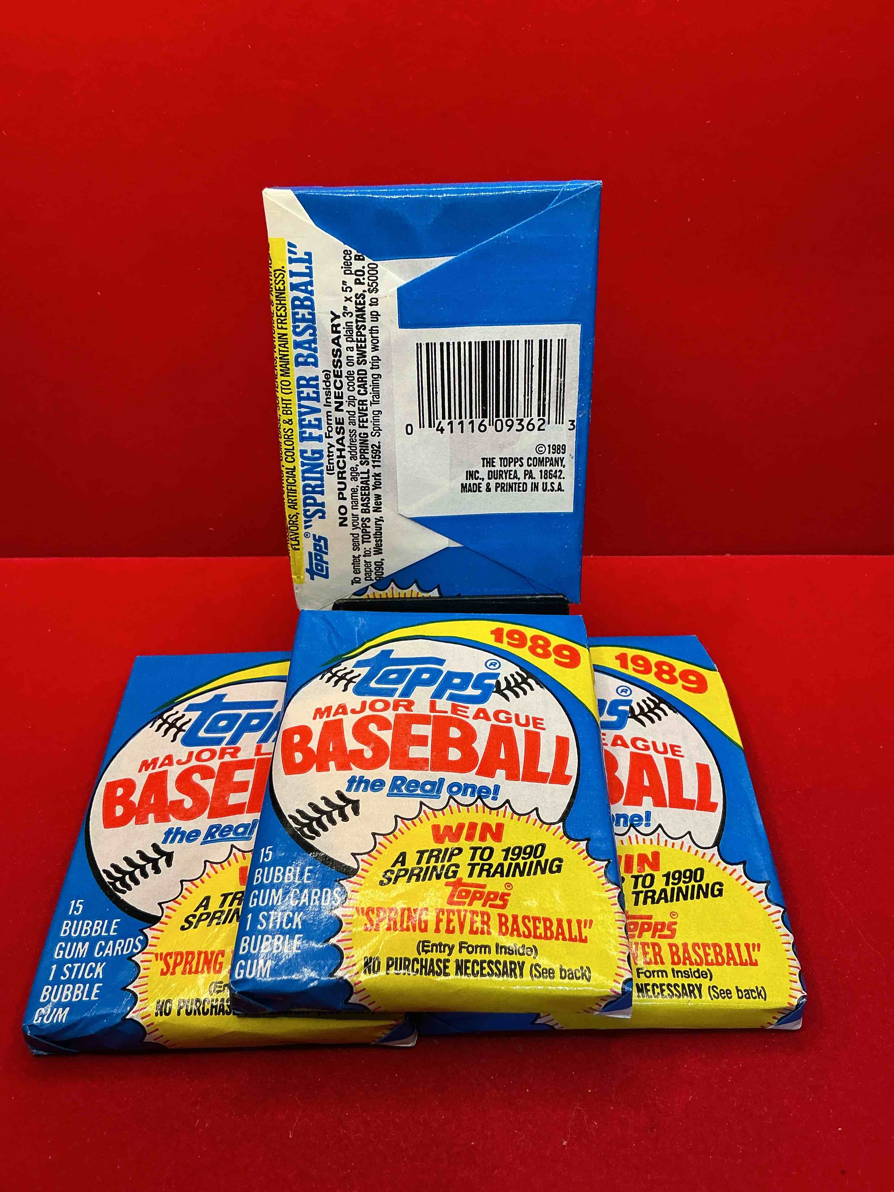 Condition photo showing New/Like New for john smoltz & randy johnson rookies!? 1989 topps baseball unopened sports card wax packs! direct from original retail case! search for valuable ken griffey jr. & randy johnson rookie cards as well as valuable bo jackson