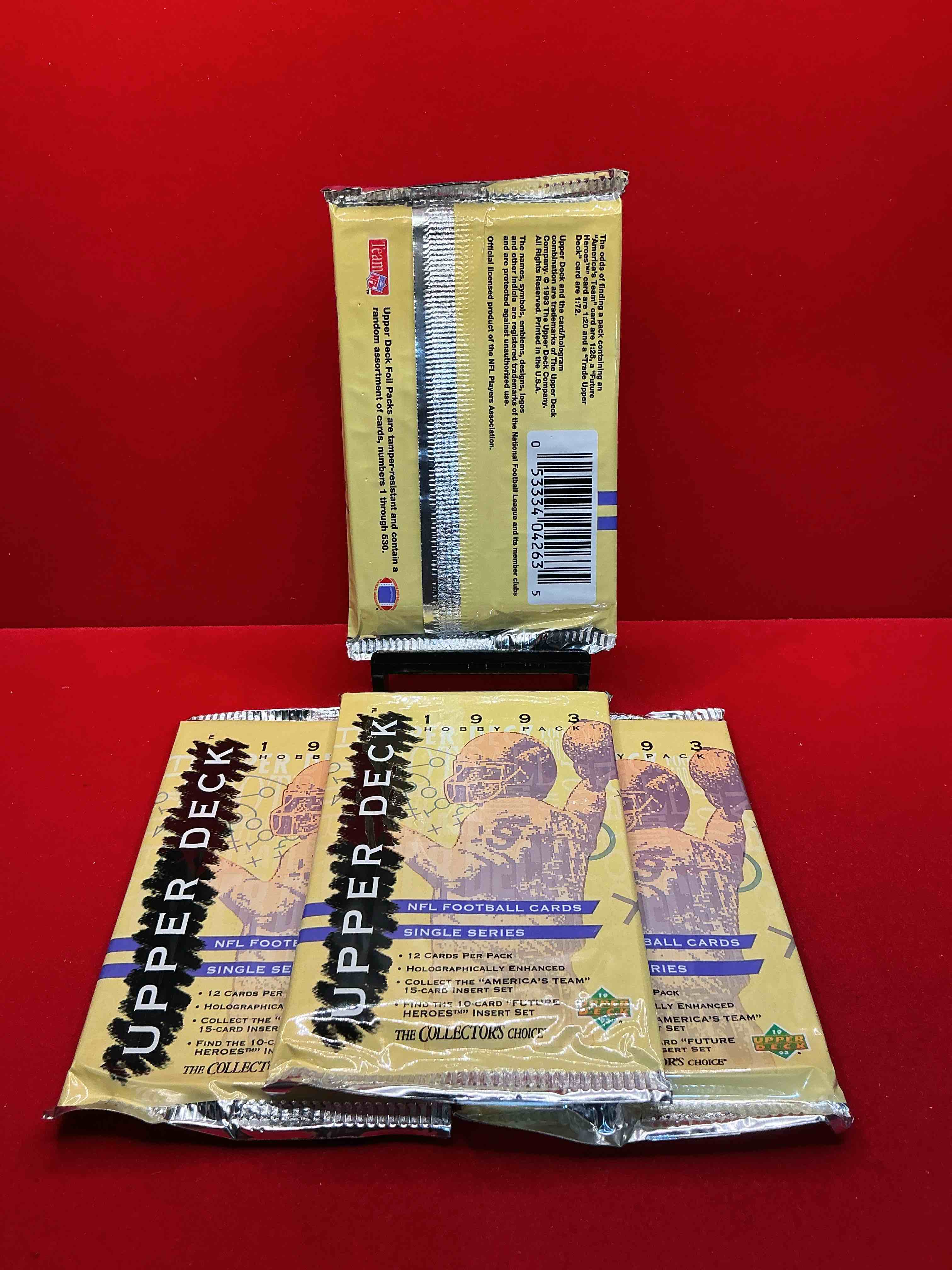 Condition photo showing New/Like New for 1993 upper deck football packs! single series! search for "americas team" 15 card insert set, 10 card "future heroes" insert set & more! legends & stars!