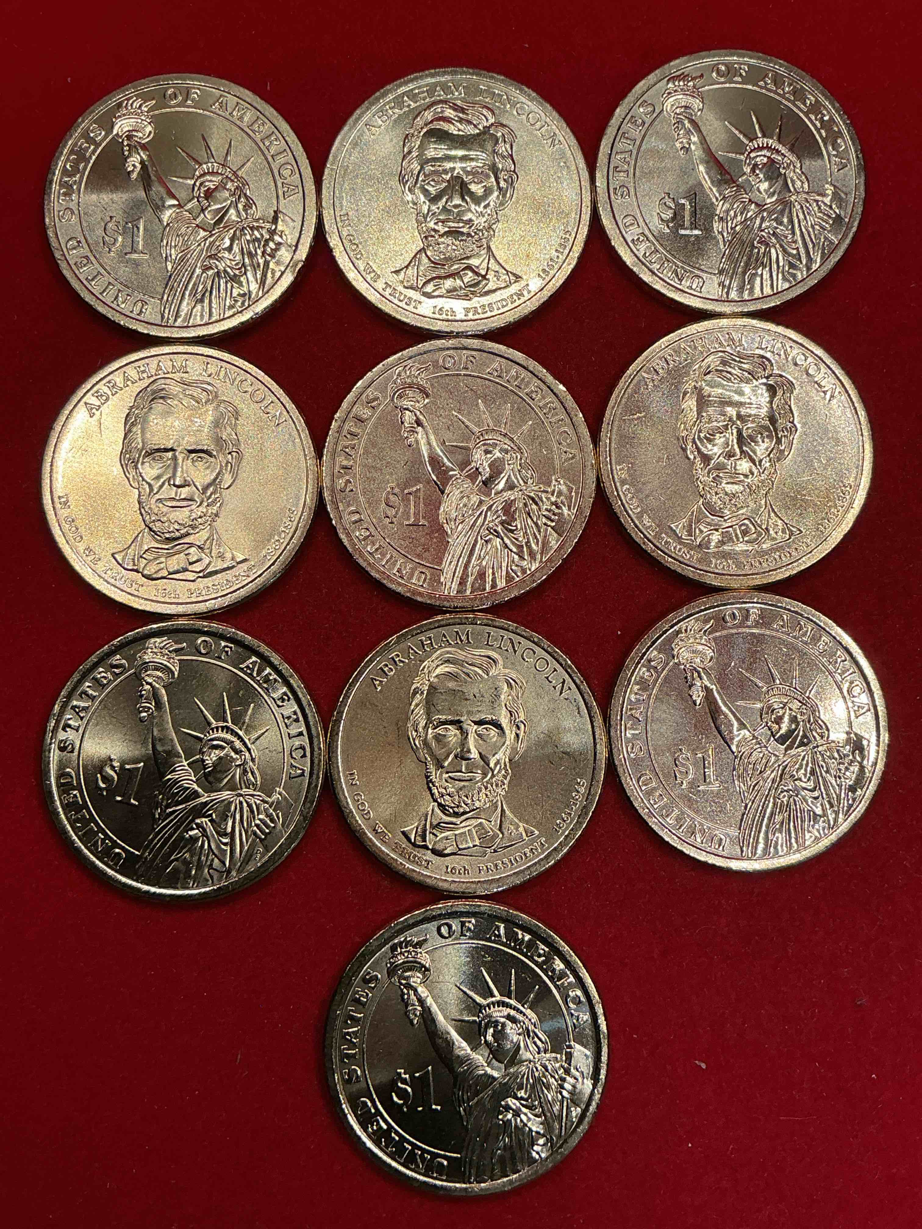 Condition photo showing New/Like New for abraham lincoln 2010 one dollar presidential coins! uncirculated brilliant coins! these coins are in mint condition, and some of the most collectible coins out there! rare, uncirculated, one dollar coins featuring abraham lincoln!