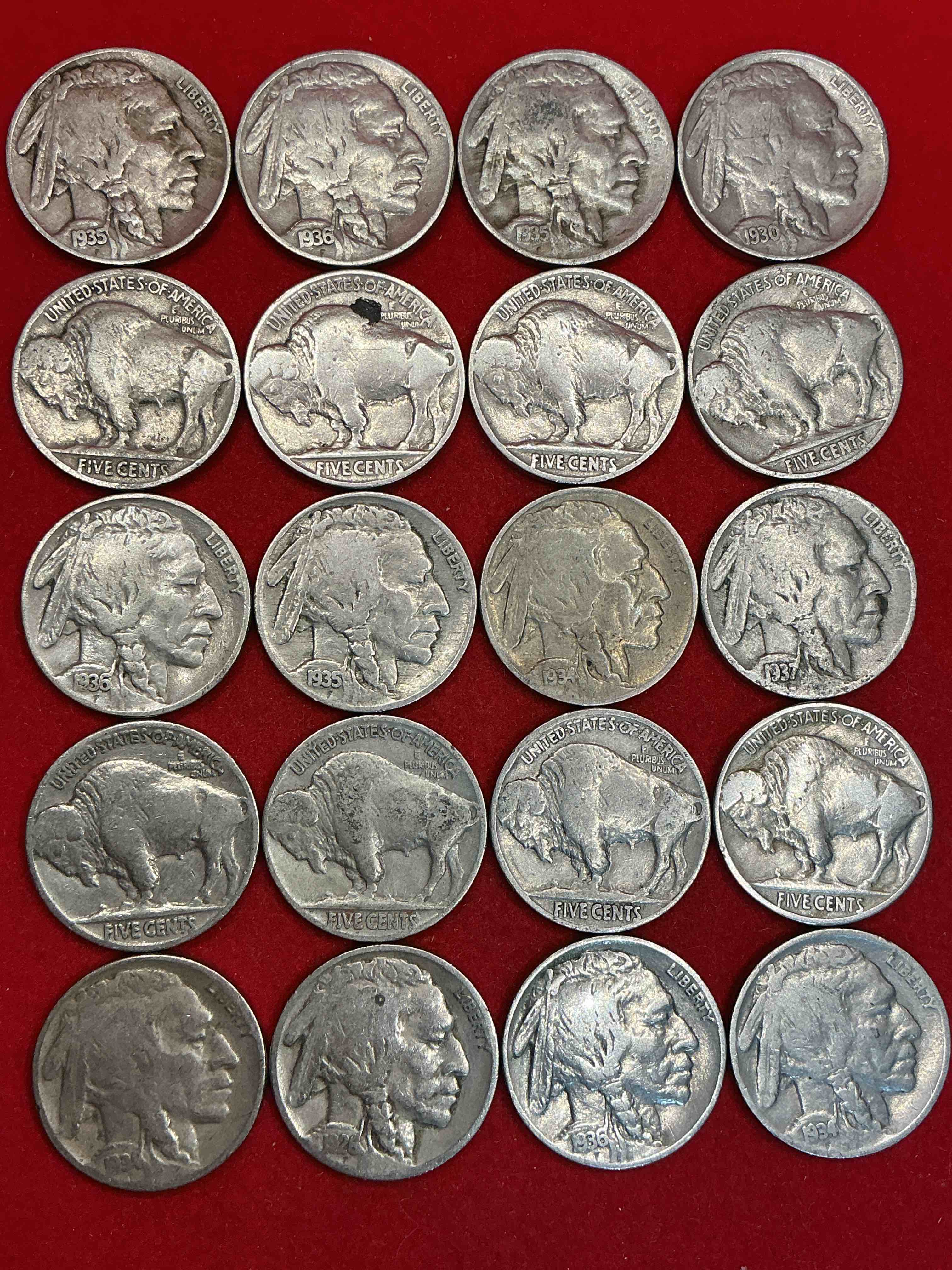 Condition photo showing Good Condition for historic buffalo nickels! indian head buffalo nickels were minted from 1913 to 1938 & have become a favorite for coin collectors around the world! own pieces of american history with these cool indian head buffalo nickels in circulated condition, some with visible dates is very rare for buffalo nickels!
