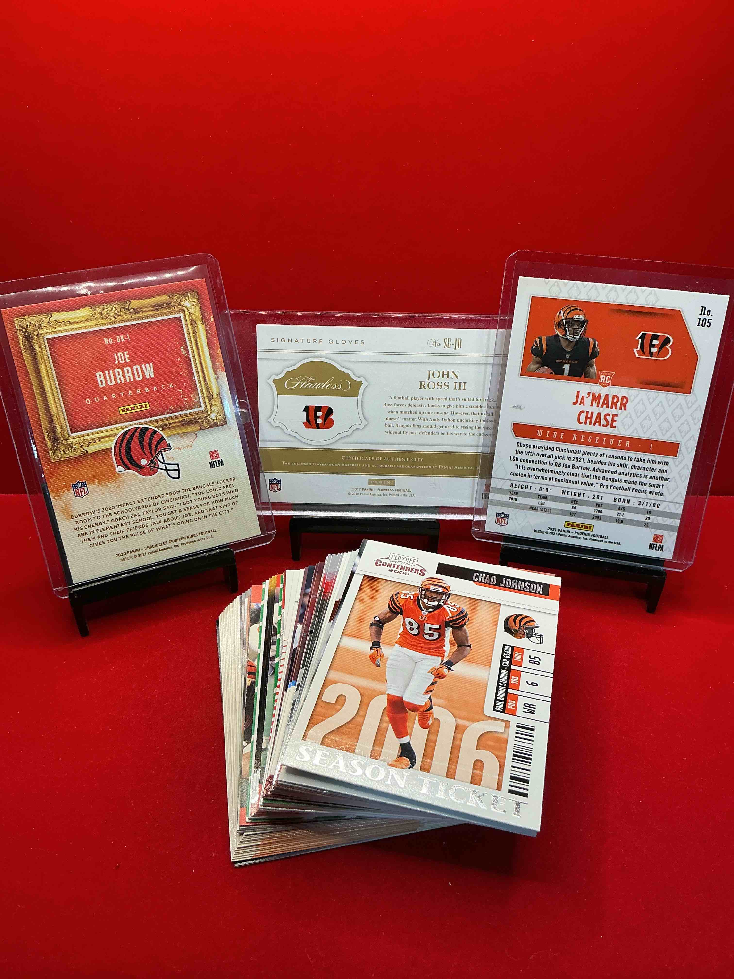 Condition photo showing New/Like New for bengals fans rejoice! john ross iii signed card with game worn jersey inserted into the card! ja’marr chase! joe burrow! along with 50 other bengals legends to add to your cincinnati collection!