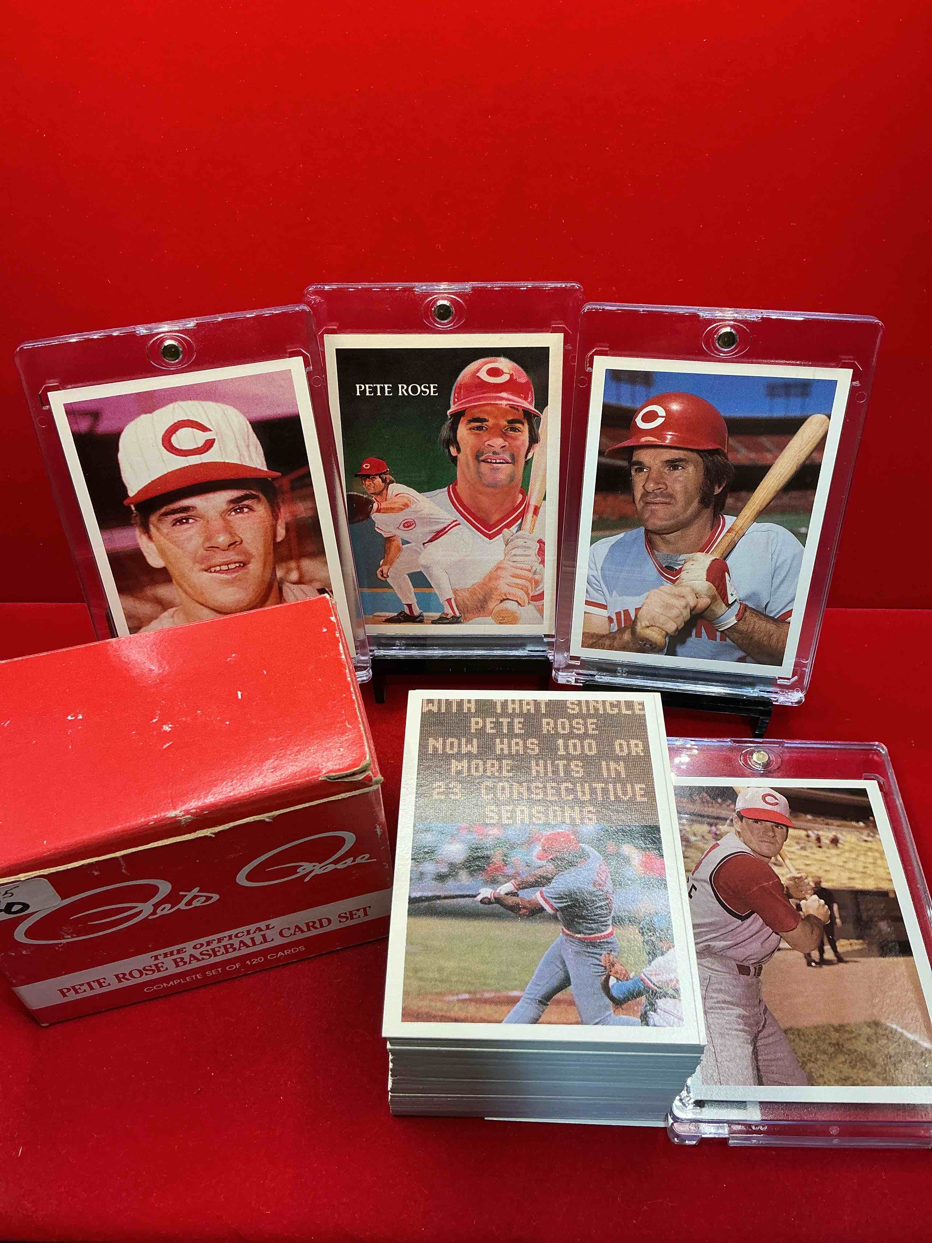 rare pete rose 1985 wow! ultra rare, authentic, official mlb pete rose baseball cards, complete 120 card set with original box! bid is per card. your chance to own very rare, original pete rose memorabilia from 1985!