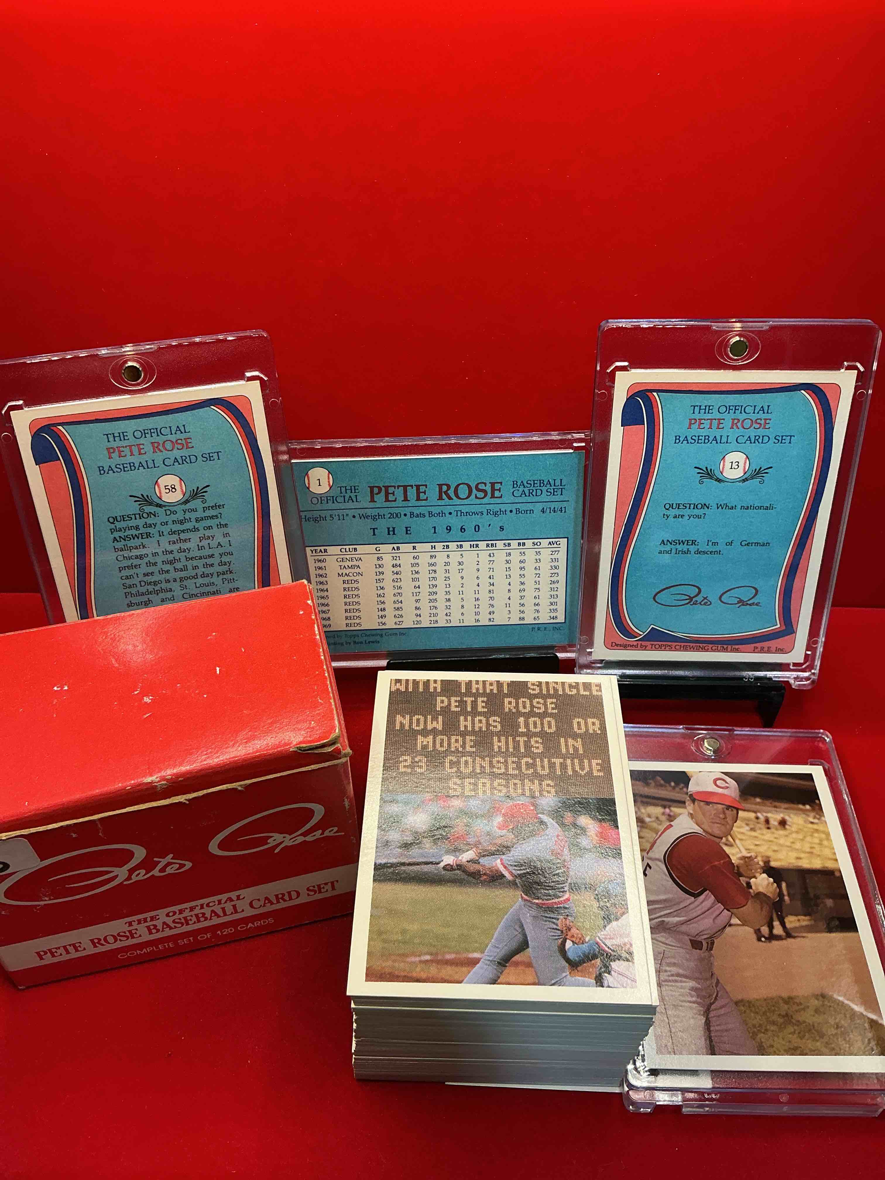 Condition photo showing Good Condition for rare pete rose 1985 wow! ultra rare, authentic, official mlb pete rose baseball cards, complete 120 card set with original box! bid is per card. your chance to own very rare, original pete rose memorabilia from 1985!