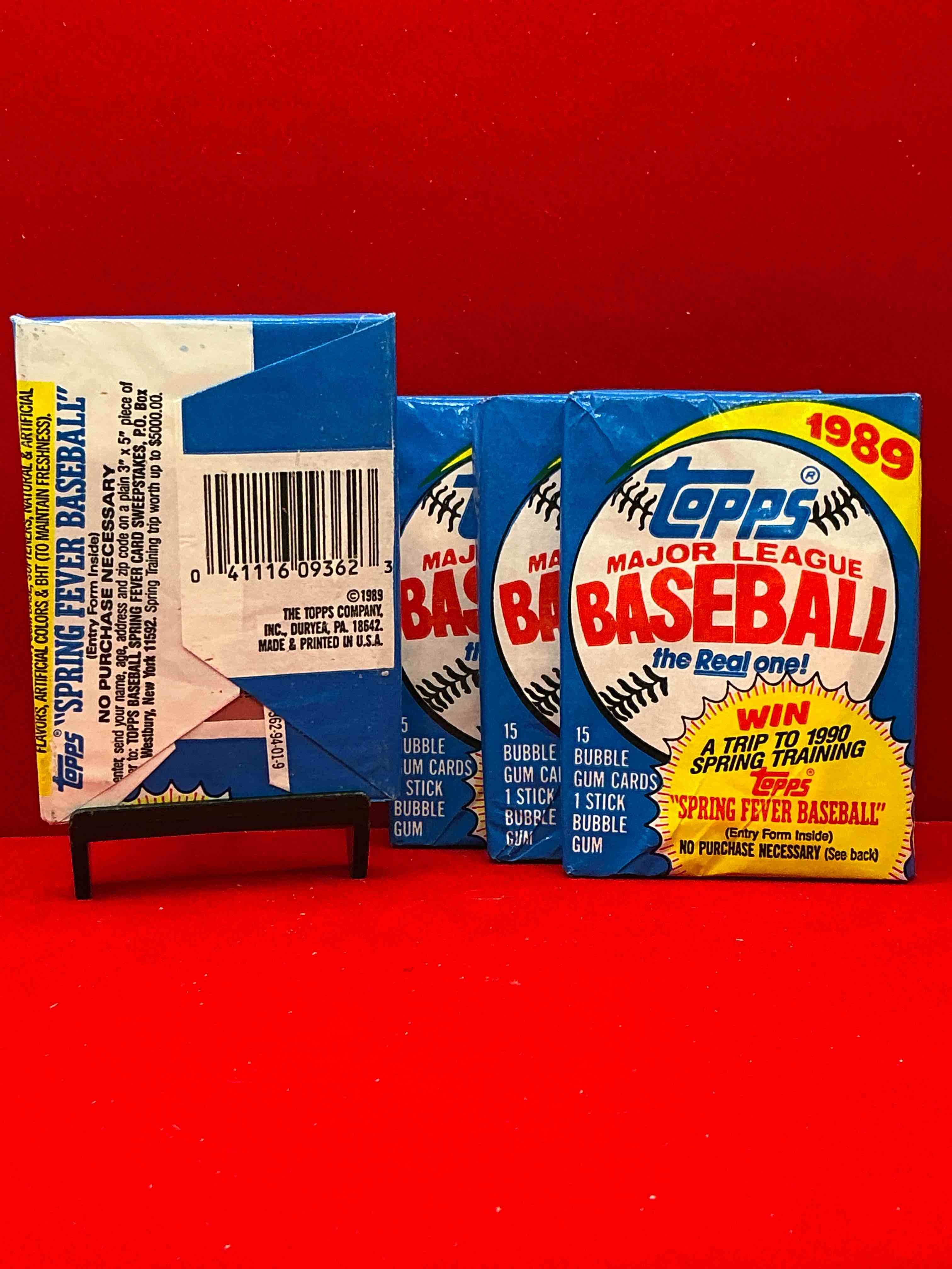 Condition photo showing New/Like New for john smoltz & randy johnson rookies!? 1989 topps baseball unopened sports card wax packs! direct from original retail case! search for valuable ken griffey jr. & randy johnson rookie cards as well as valuable bo jackson