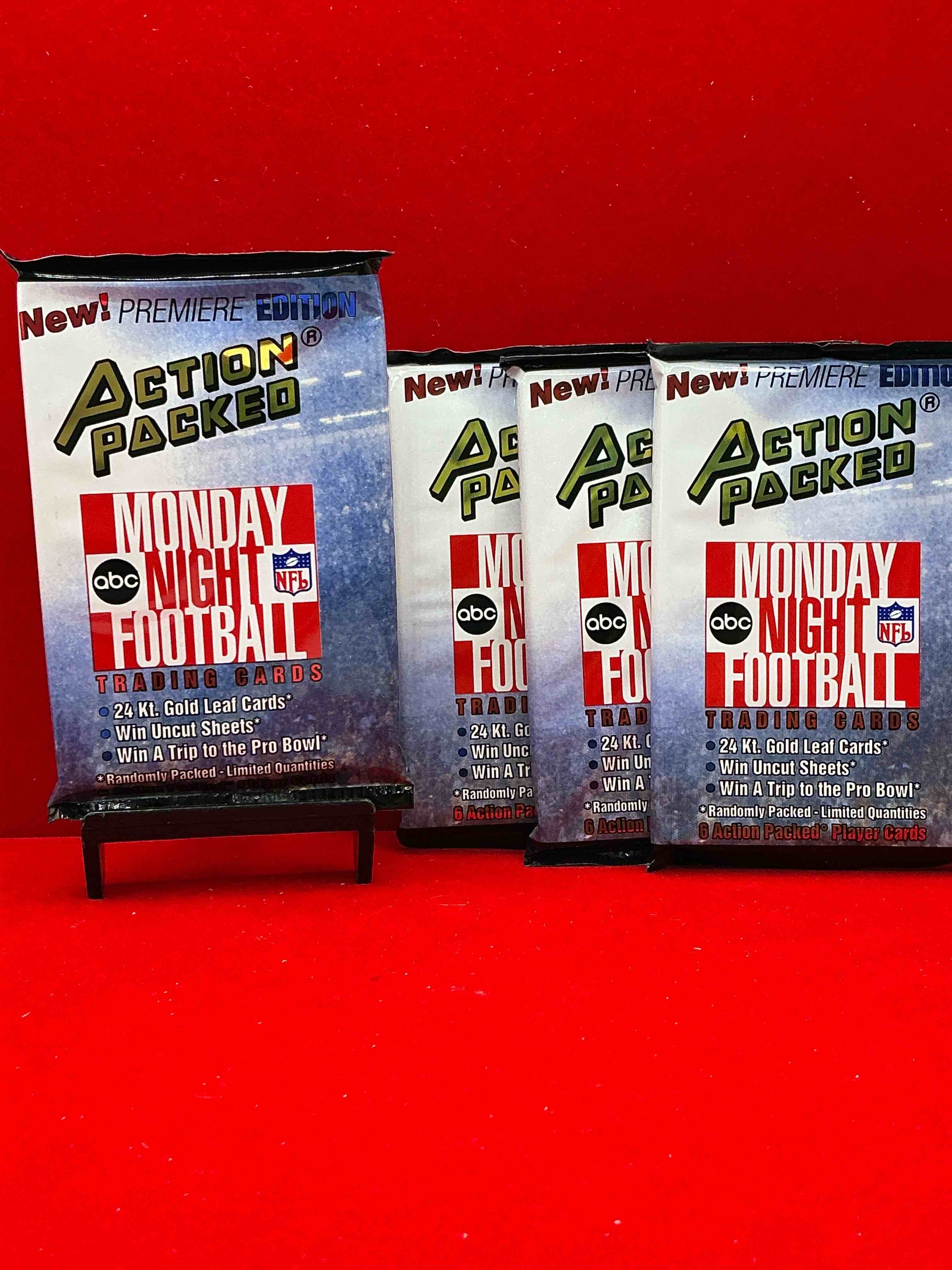monday night football! rare edition! 1993 nfl action packed! guaranteed star card inside! possible 24k gold leaf cards! awesome nfl packs! search for stars, michael irvin, jerry rice, joe montana, bo jackson, barry sanders & more!