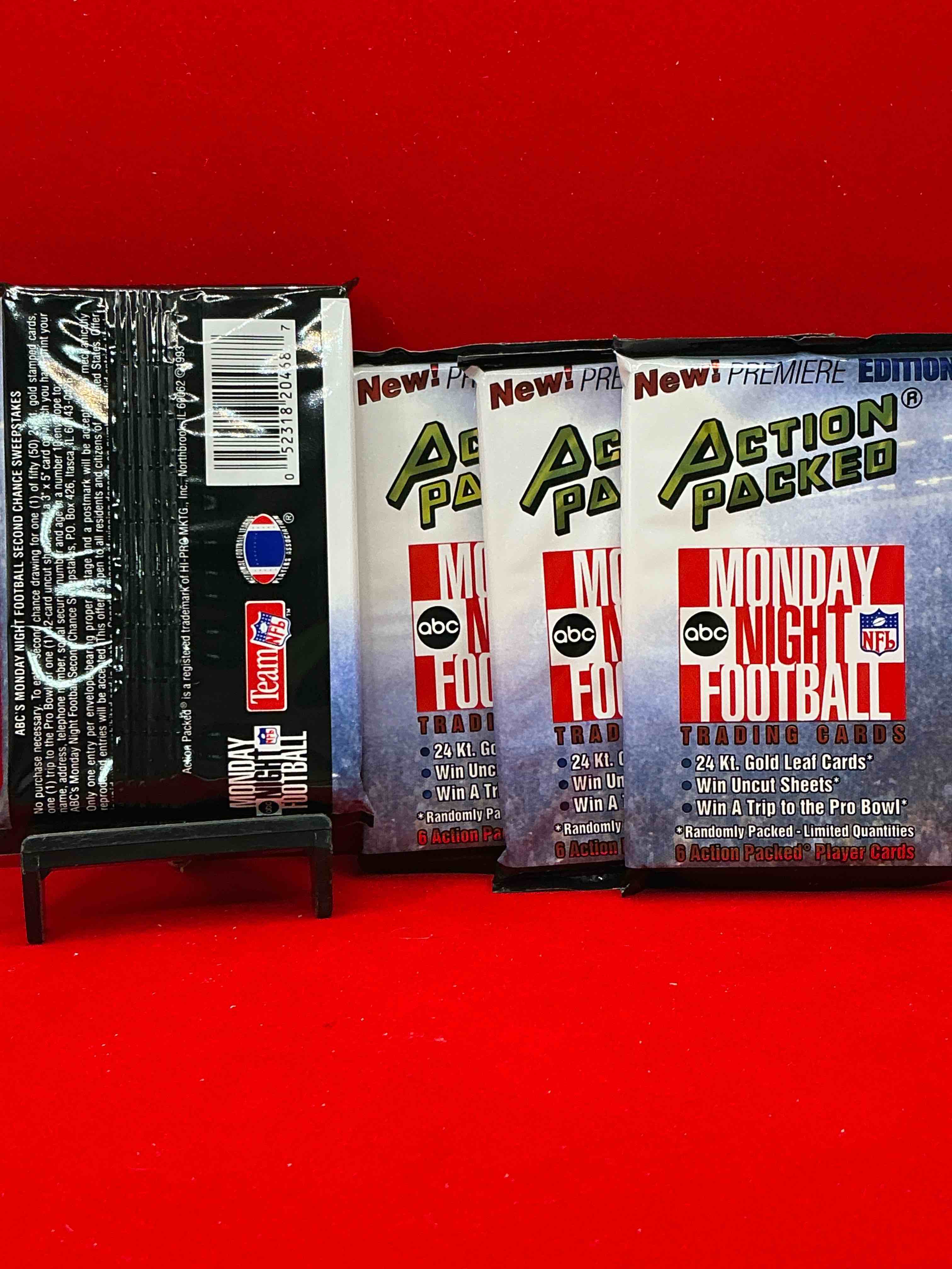 Condition photo showing New/Like New for monday night football! rare edition! 1993 nfl action packed! guaranteed star card inside! possible 24k gold leaf cards! awesome nfl packs! search for stars, michael irvin, jerry rice, joe montana, bo jackson, barry sanders & more!