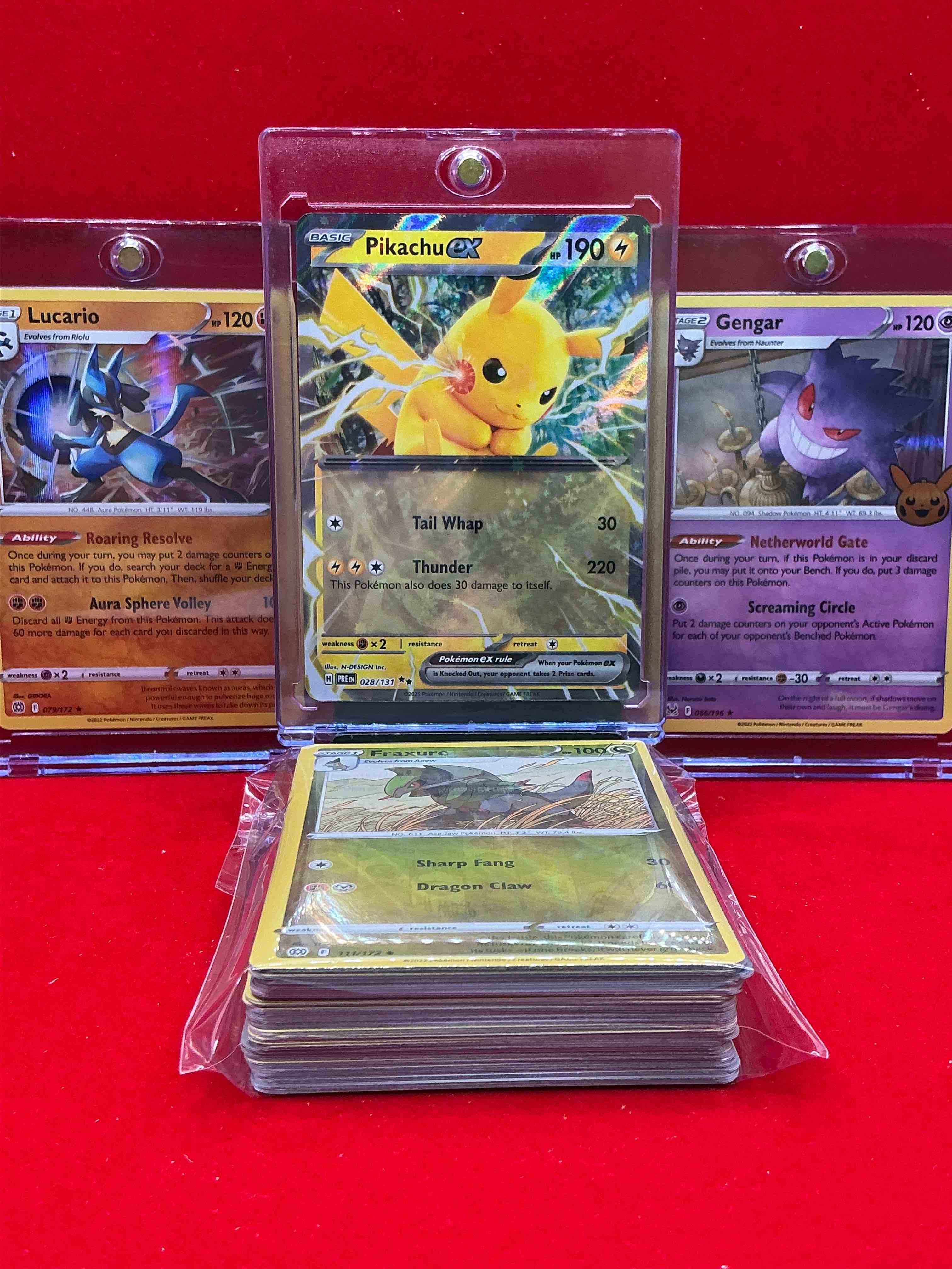 Condition photo showing New/Like New for pikachu ex, lucario holo & gengar holo! wow! along with 50 other pokémon heroes, holos, legends & commons- including holographic cards, cool holos & more! includes 36 non holo common/ uncommon basic & first stage cards & could even include trainers & energy too! perfect set for collectors & enthusiasts!