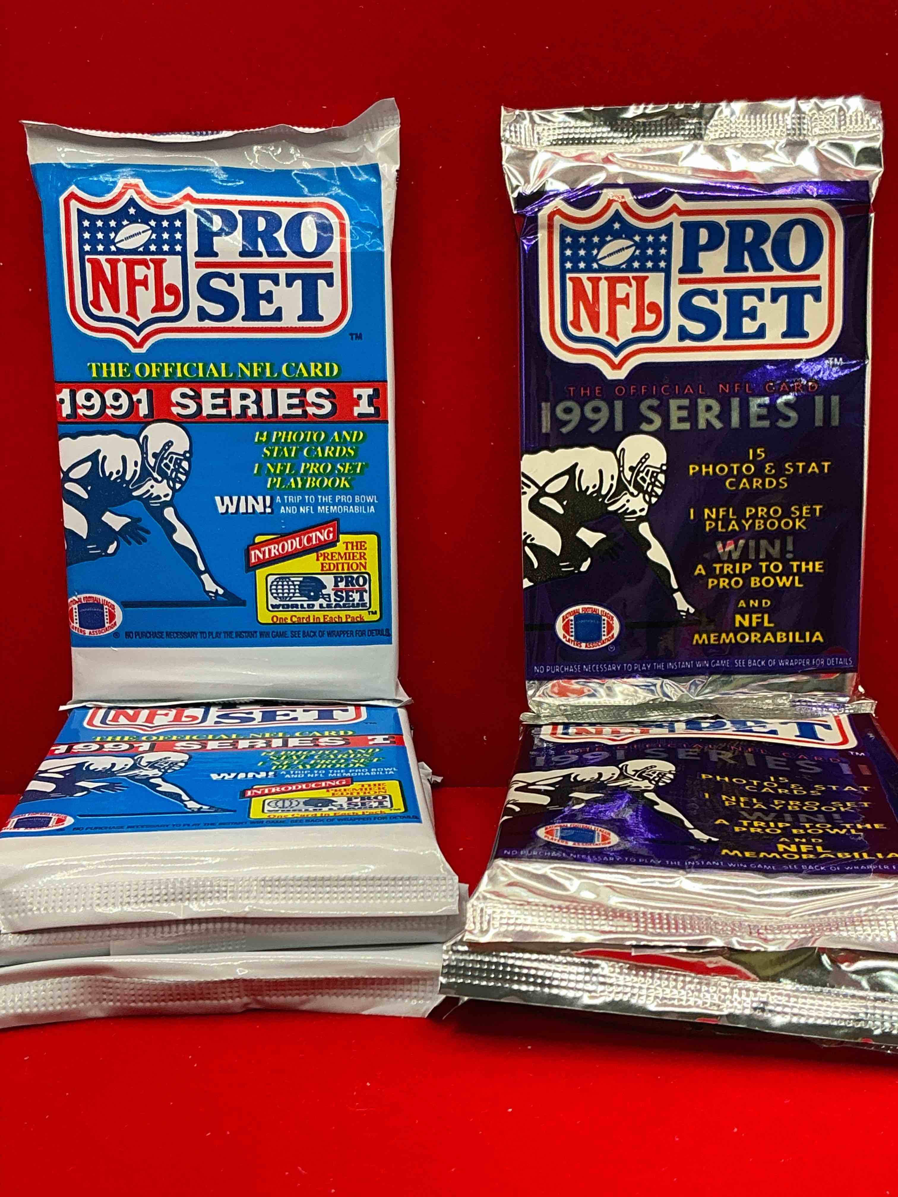 Condition photo showing New/Like New for wow! 1991 pro set football sealed card packs series i & ii, direct from original retail case!highly sought after by collectors as this year is loaded with high profile cards!search for cards from barry sanders, deion sanders, troy aikman, michael irvin & much more! getting hard to find!