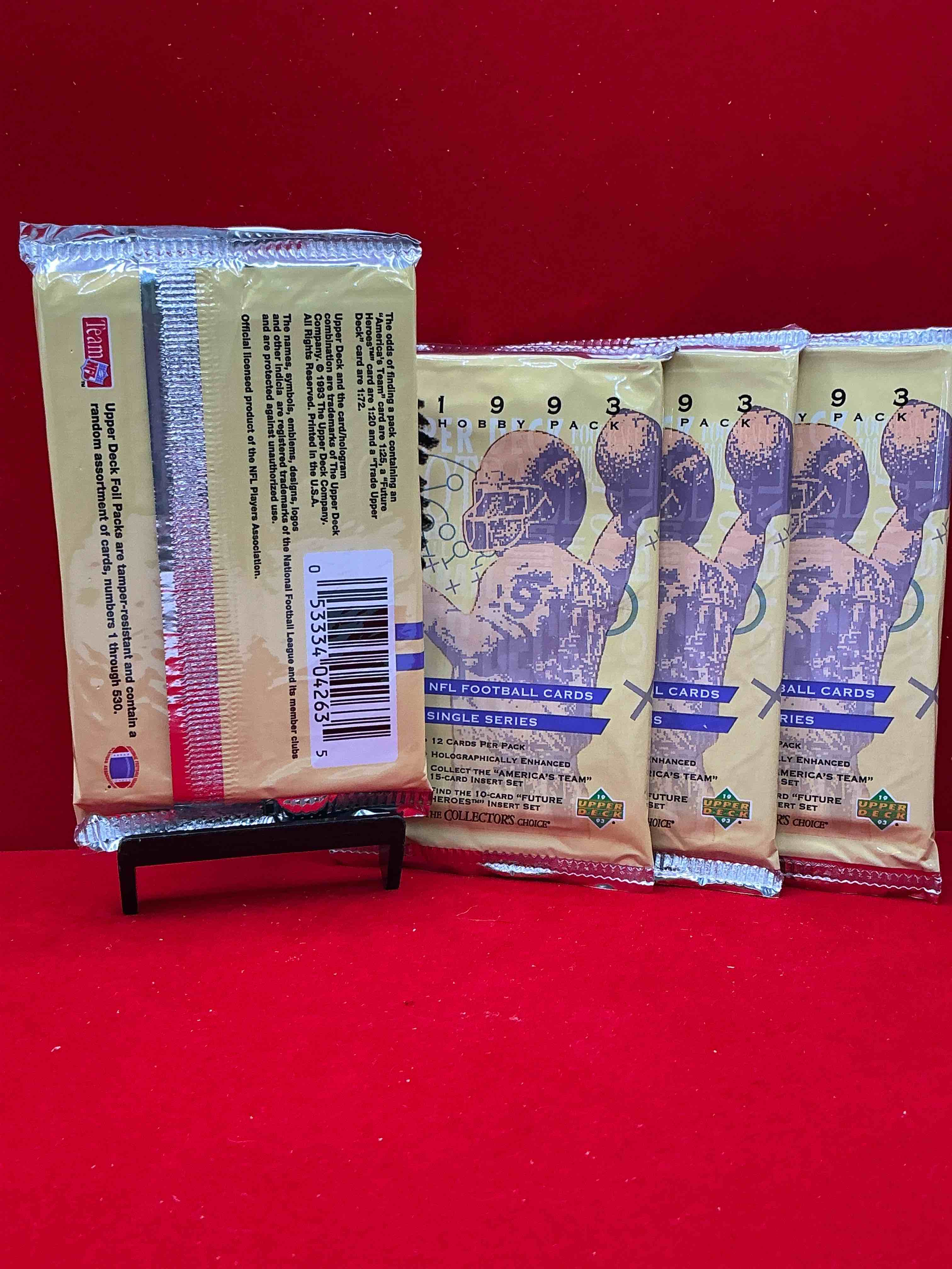 Condition photo showing New/Like New for 1993 upper deck football packs! single series! search for "americas team" 15 card insert set, 10 card "future heroes" insert set & more! legends & stars!