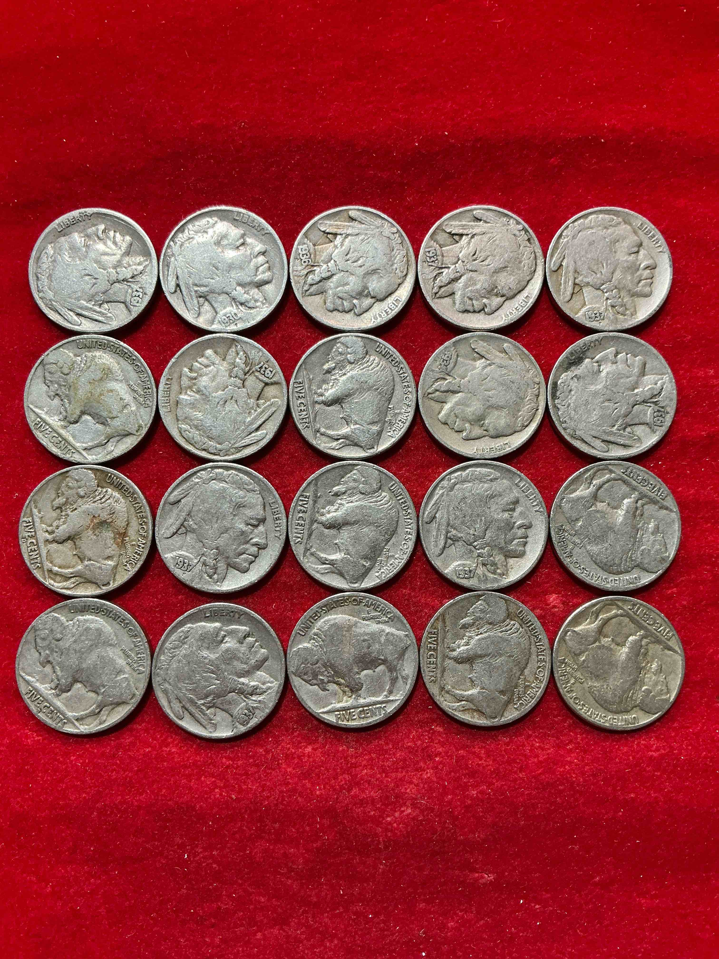 Condition photo showing Good Condition for historic buffalo nickels! indian head buffalo nickels were minted from 1913 to 1938 & have become a favorite for coin collectors around the world! own pieces of american history with these cool indian head buffalo nickels in circulated condition, some with visible dates is very rare for buffalo nickels!