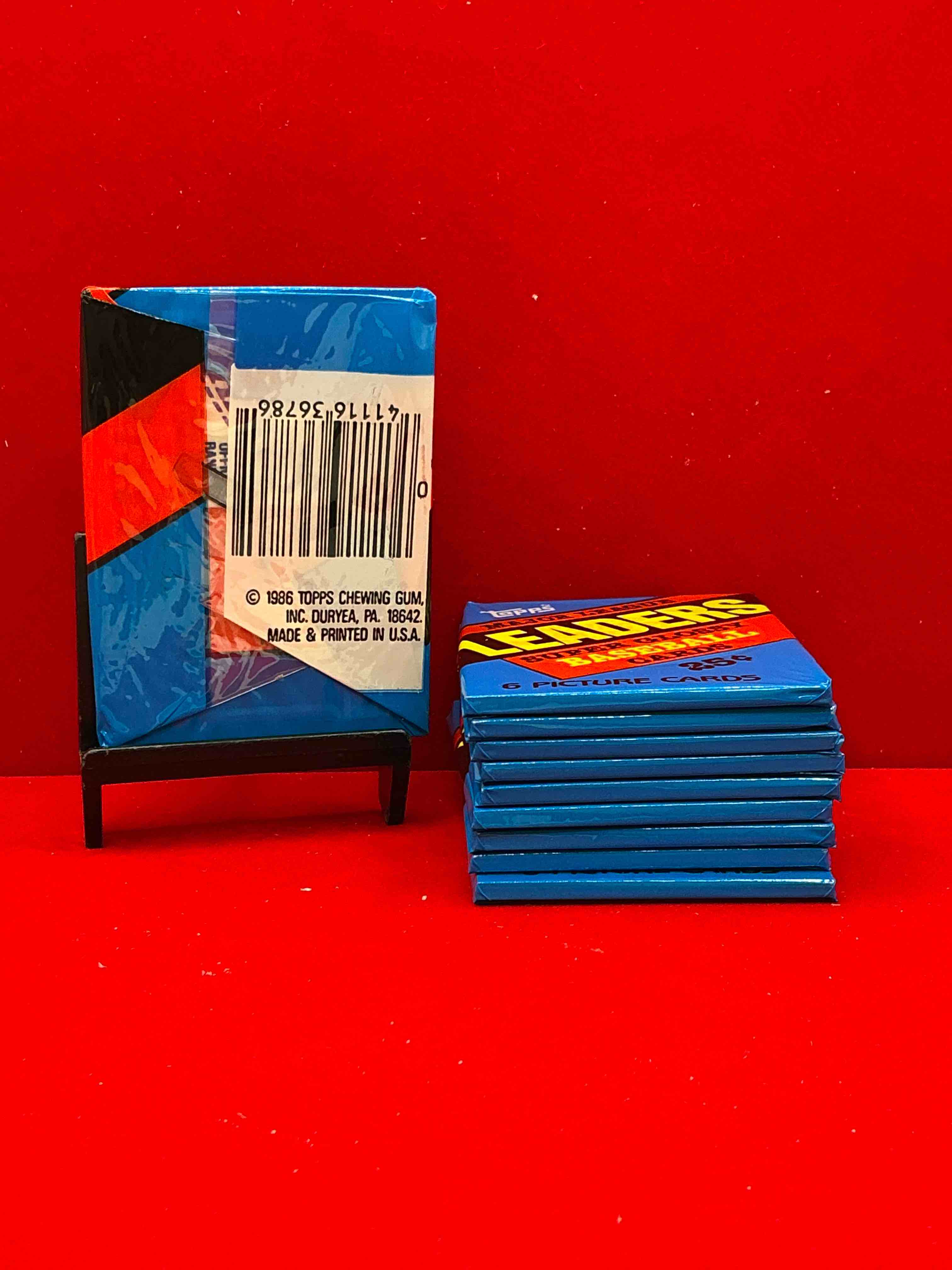 Condition photo showing New/Like New for ultra rare! 1986 "mlb leaders" unopened miniature baseball collectible card packs, 6 cards per pack, direct from original retail case. super rare, impossible to find! like new condition!
