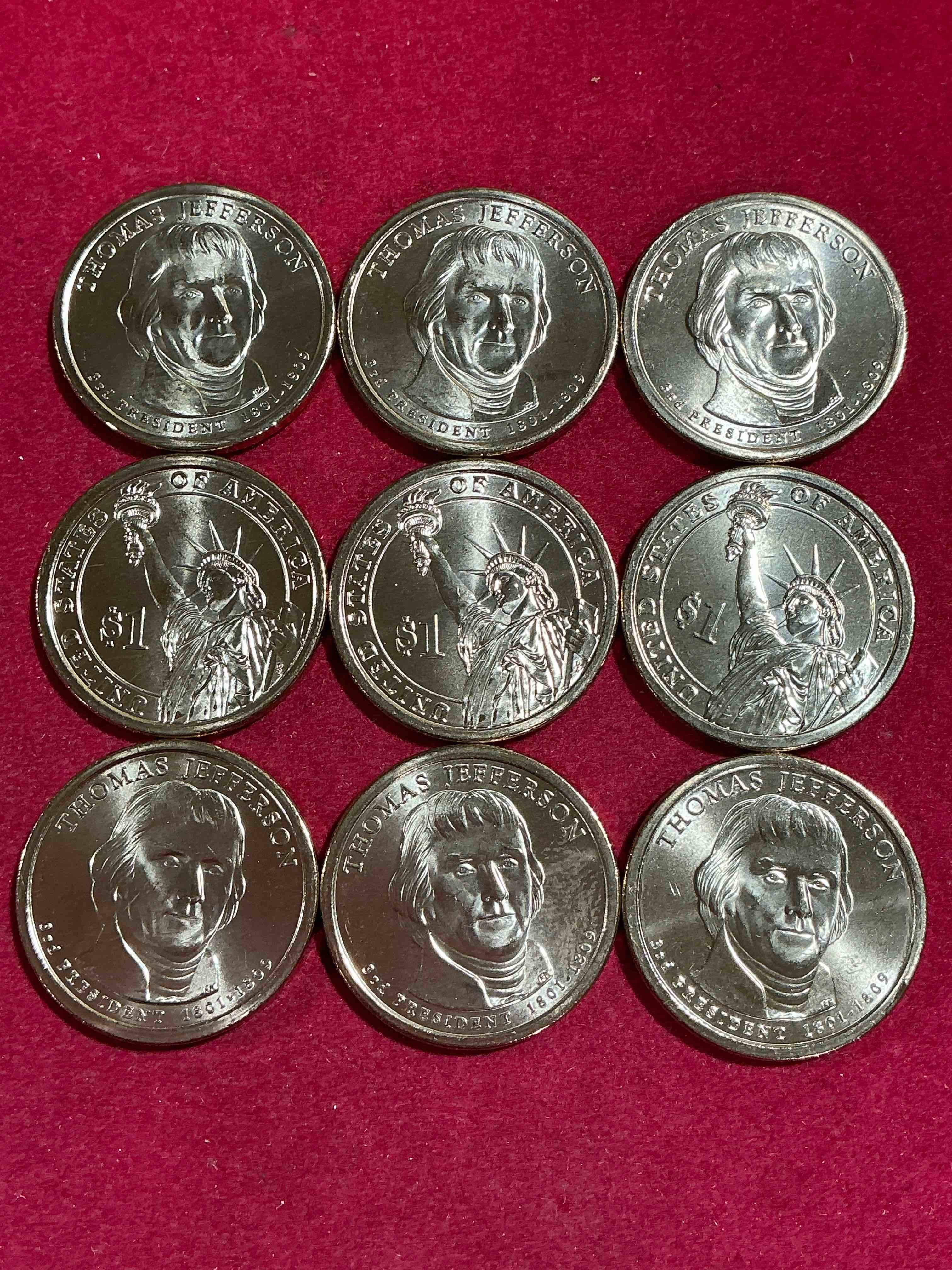 thomas jefferson 2007 one dollar coins! uncirculated coin! these coins are in mint condition, and some of the most collectible coins out there! rare, uncirculated, one dollar coins featuring thomas jefferson!