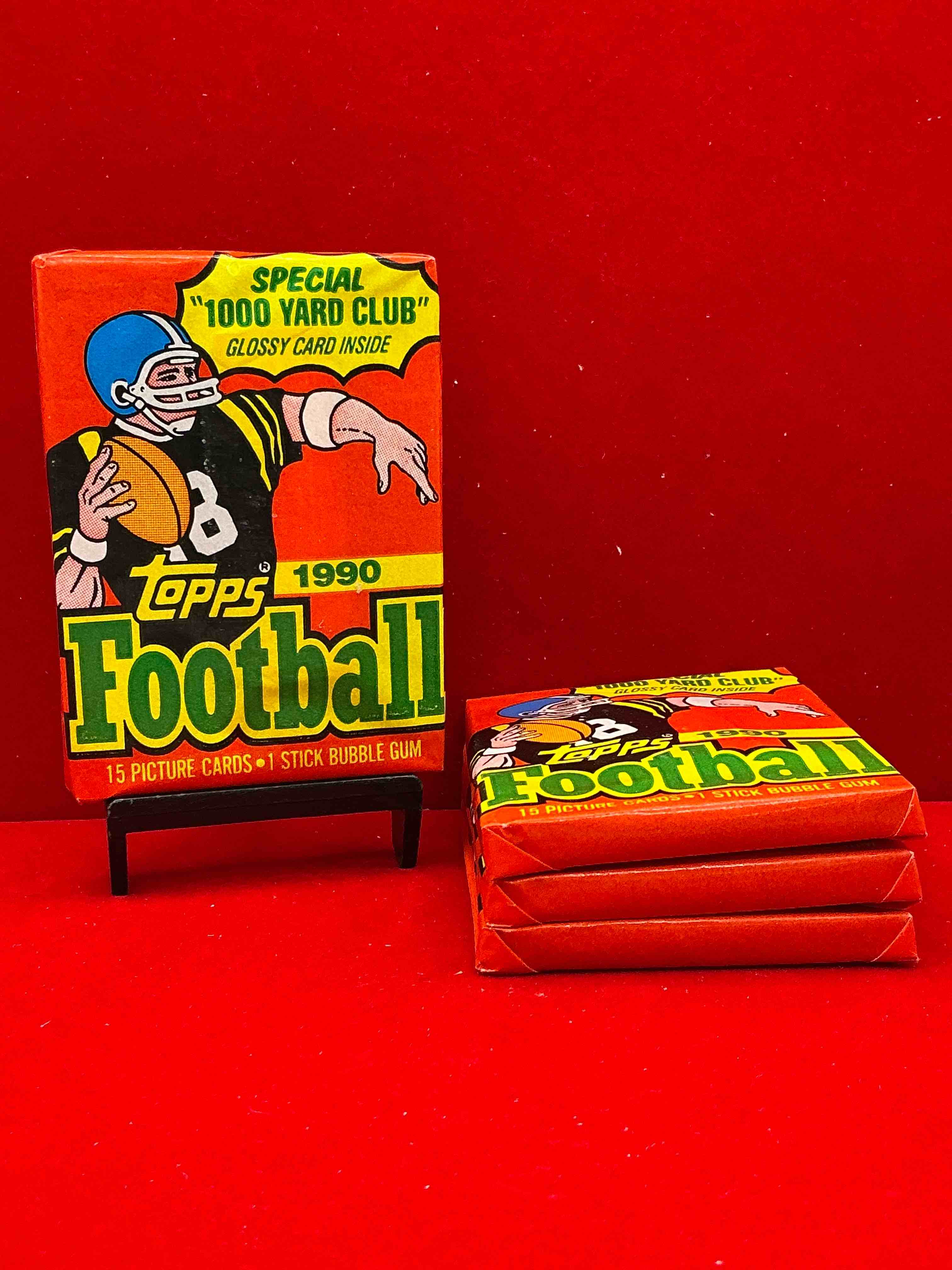 the last year of football wax! joe montana, emmitt smith & barry sanders!? 1990 topps football unopened sports card wax pack, direct from original retail box! getting hard to find! search for early barry sanders & jerry rice & so much more!
