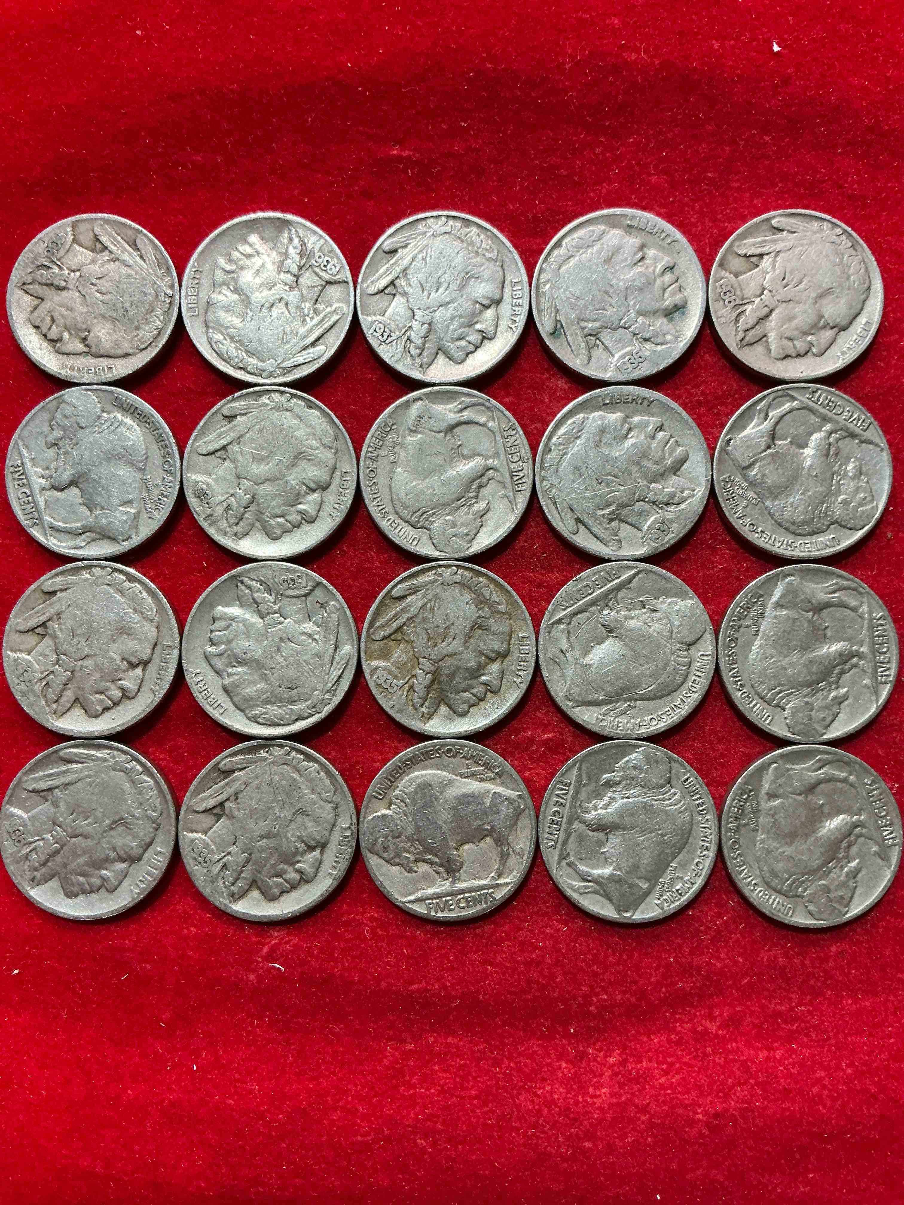 Condition photo showing Good Condition for historic buffalo nickels! indian head buffalo nickels were minted from 1913 to 1938 & have become a favorite for coin collectors around the world! own pieces of american history with these cool indian head buffalo nickels in circulated condition, some with visible dates is very rare for buffalo nickels!
