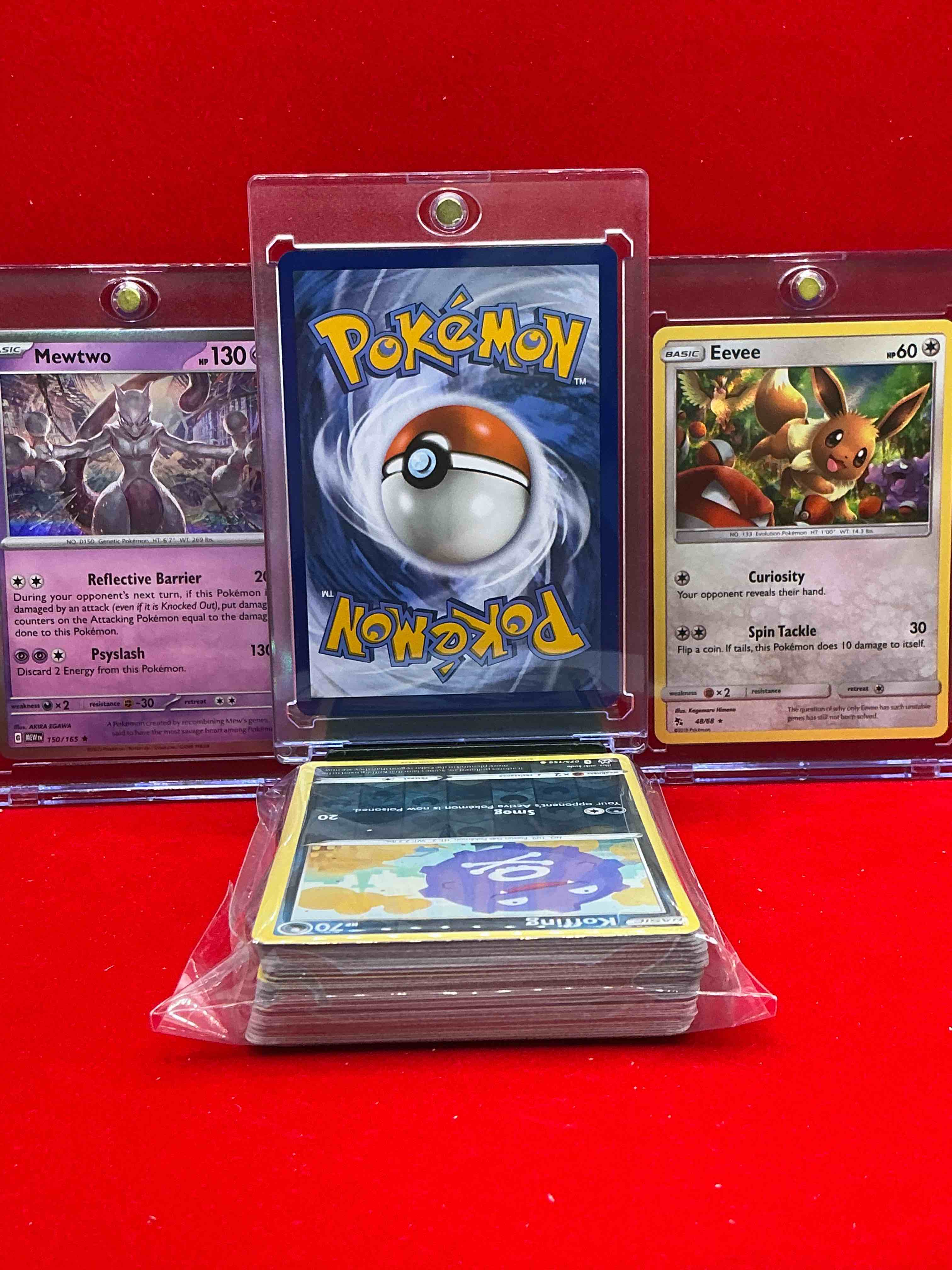 Condition photo showing New/Like New for pikachu holo, eevee holo & mewtwo holo! wow! along with 50 other pokémon heroes, holos, legends & commons- including holographic cards, cool holos & more! includes 36 non holo common/ uncommon basic & first stage cards & could even include trainers & energy too! perfect set for collectors & enthusiasts!